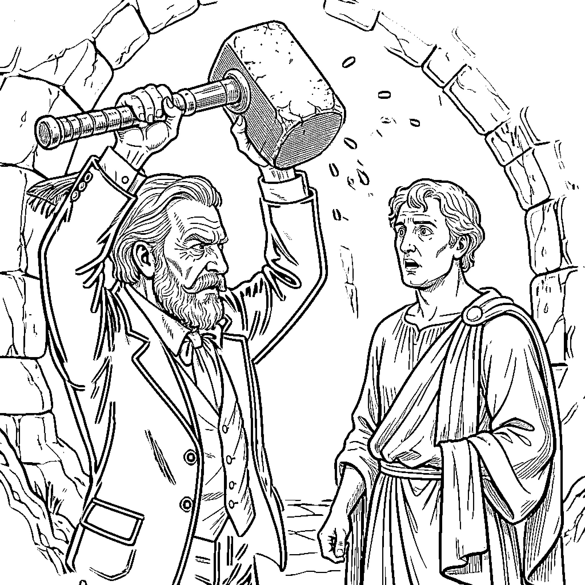 Nietzsche's Philosophical Discourse with Disciple Coloring Page (free black-and-white line drawing printable PDF for all, from beginners to advanced learners, including children, teens, adults, and seniors)