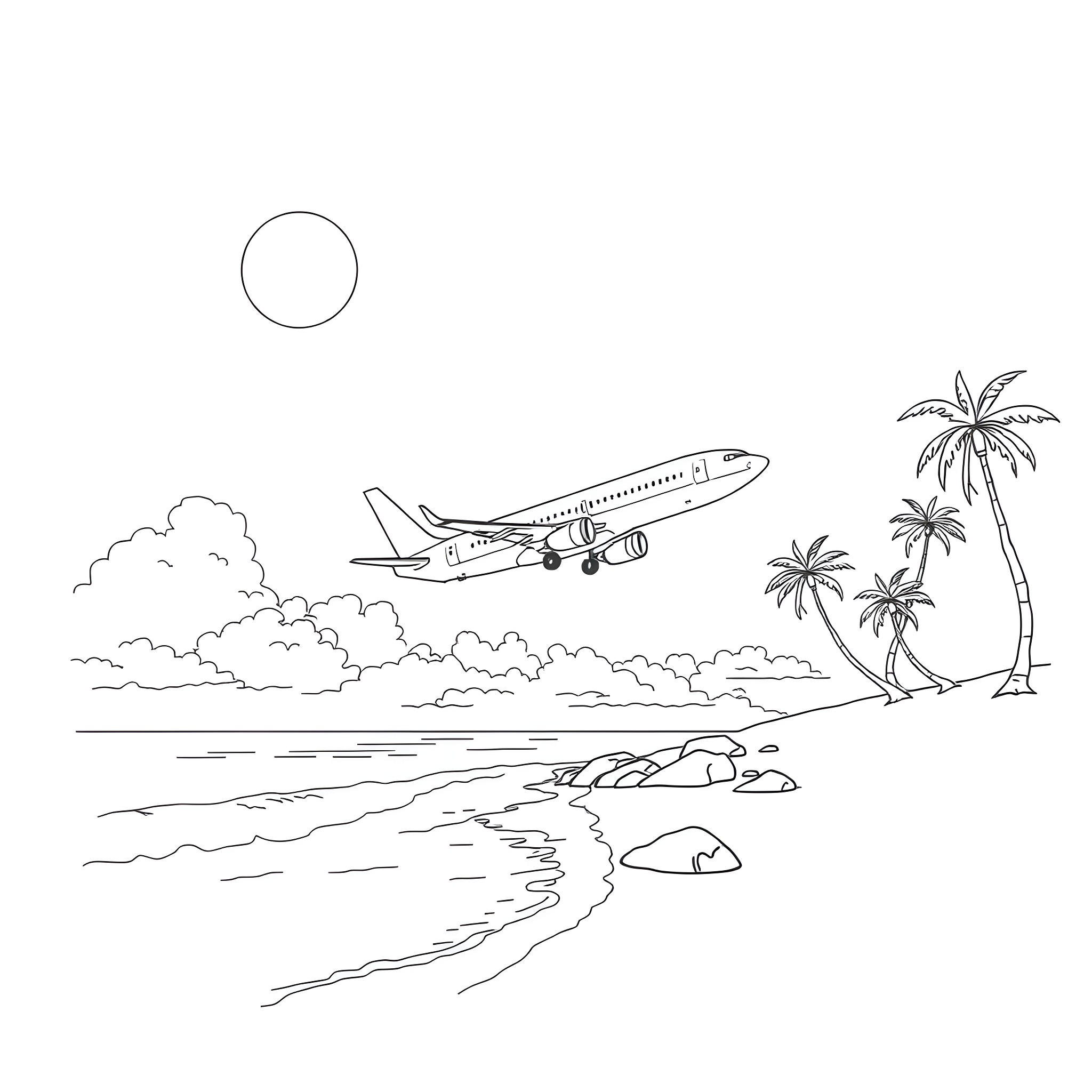 Boeing 737 taking off over tropical beach Coloring Page (free black-and-white line drawing printable PDF for all, from beginners to advanced learners, including children, teens, adults, and seniors)