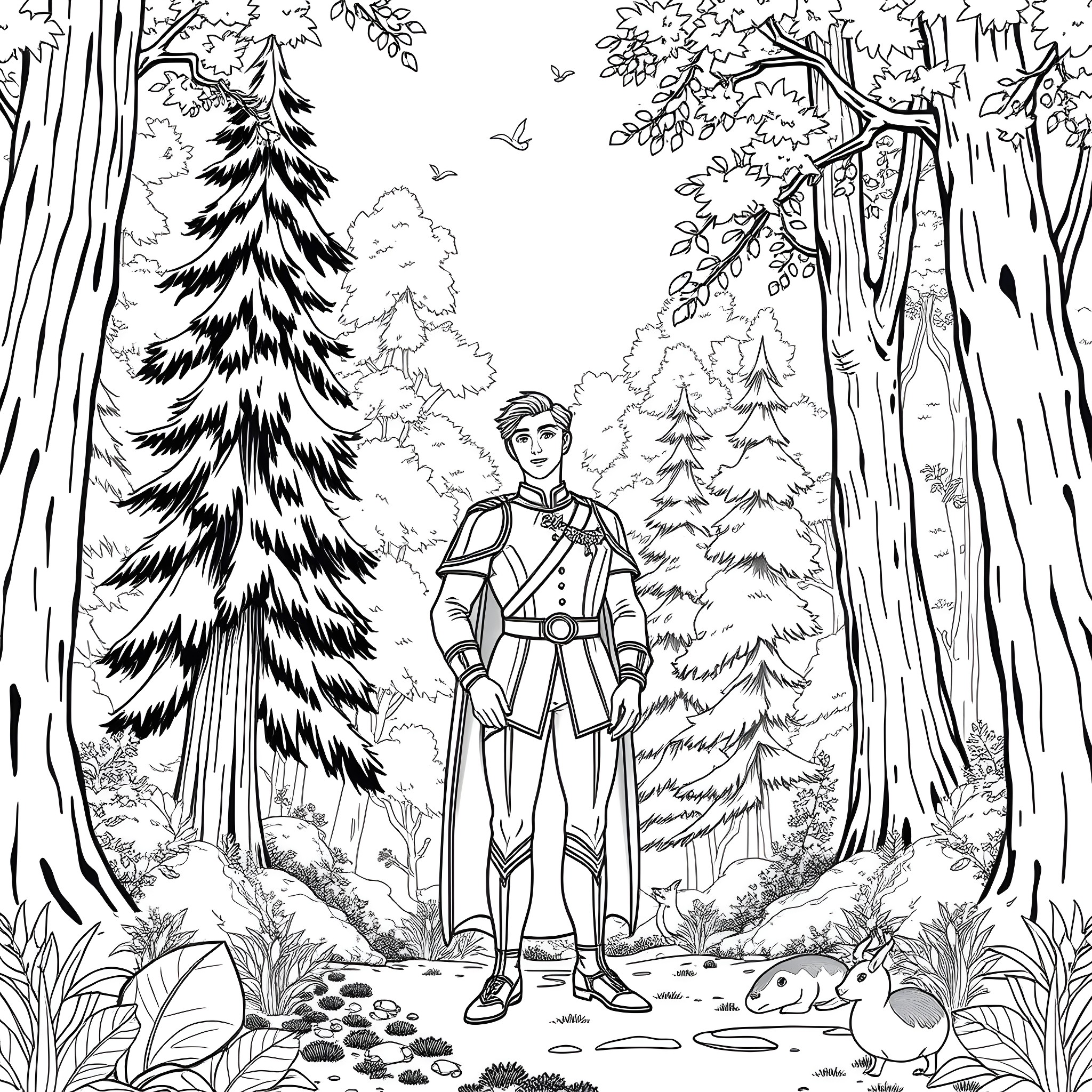 Prince Traverses the Enchanted Forest Coloring Page (free black-and-white line drawing printable PDF for all, from beginners to advanced learners, including children, teens, adults, and seniors)