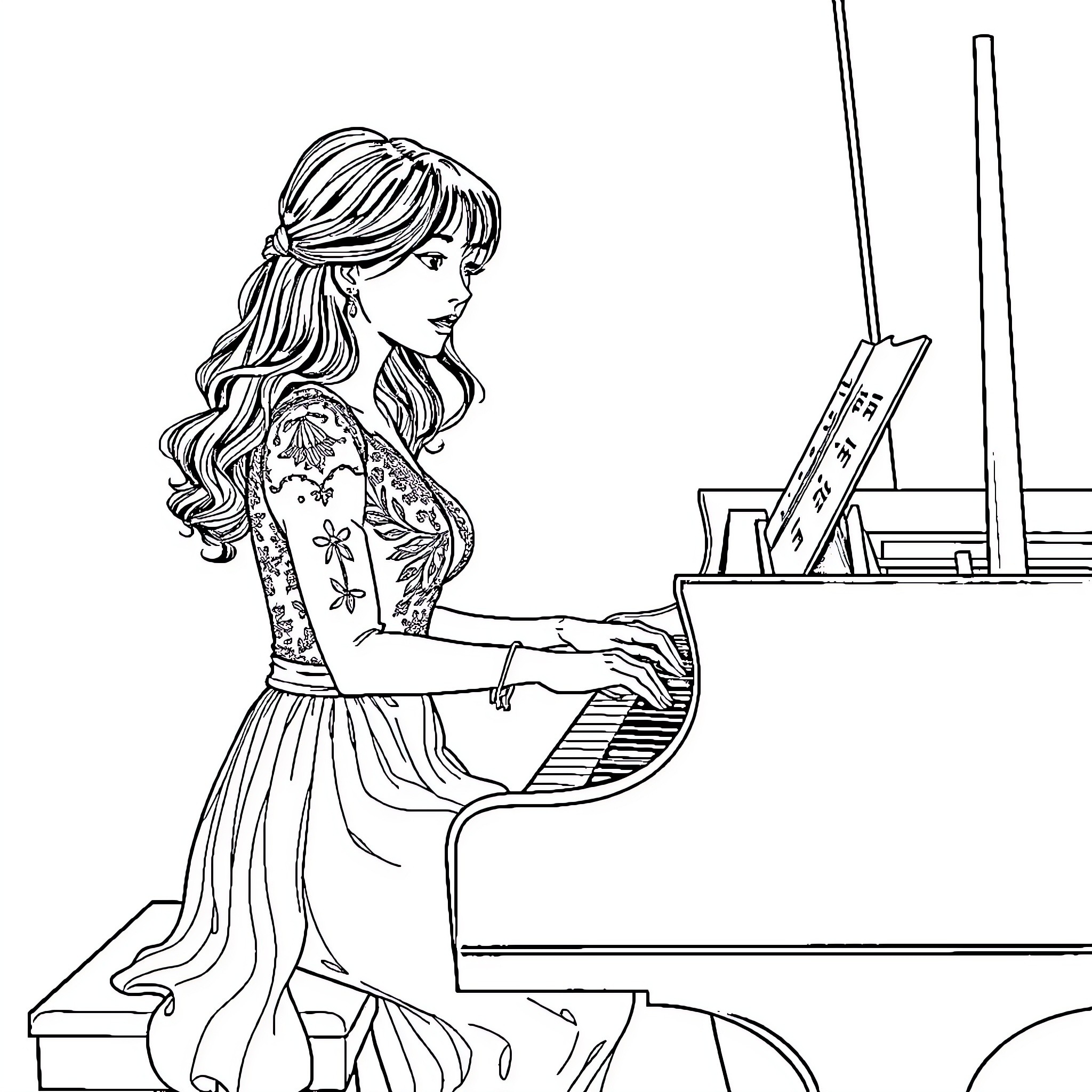 Kim Dara playing piano with elegant dress Coloring Page (free black-and-white line drawing printable PDF for all, from beginners to advanced learners, including children, teens, adults, and seniors)