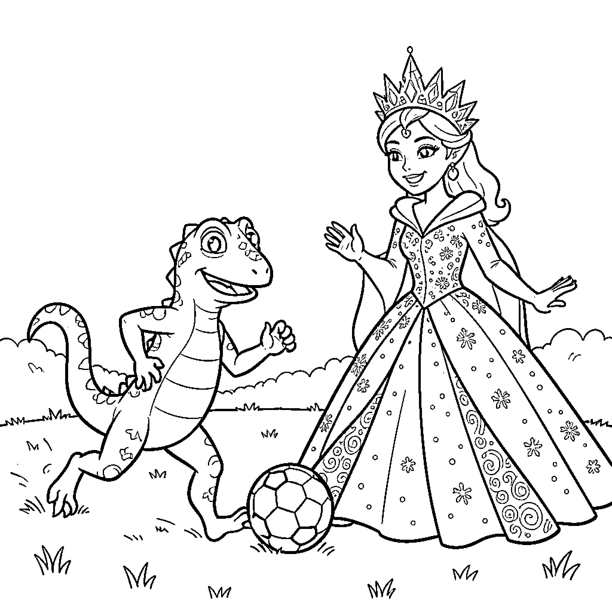 Lizard playing soccer with a princess in a garden Coloring Page (free black-and-white line drawing printable PDF for all, from beginners to advanced learners, including children, teens, adults, and seniors)