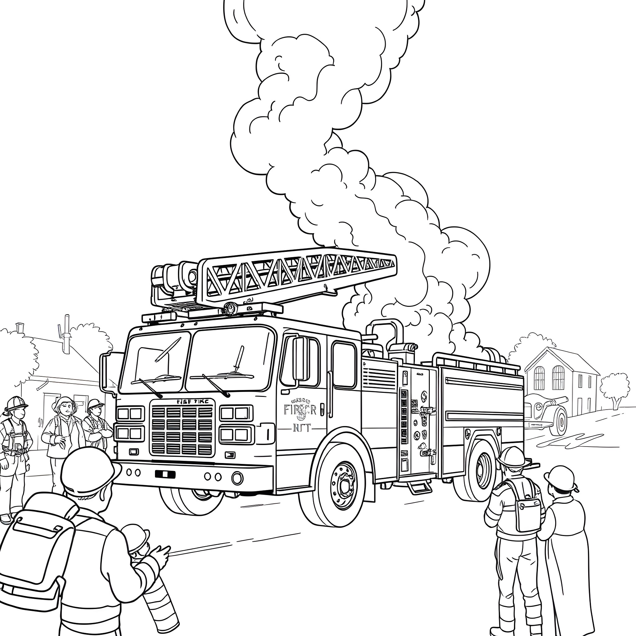 Fire Truck Responding to Emergency in Neighborhood Coloring Page (free black-and-white line drawing printable PDF for all, from beginners to advanced learners, including children, teens, adults, and seniors)