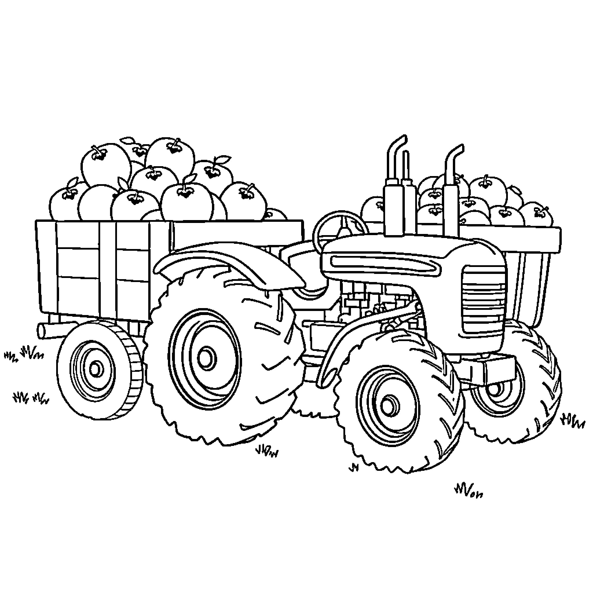Tractor transporting apples in the countryside Coloring Page (free black-and-white line drawing printable PDF for all, from beginners to advanced learners, including children, teens, adults, and seniors)