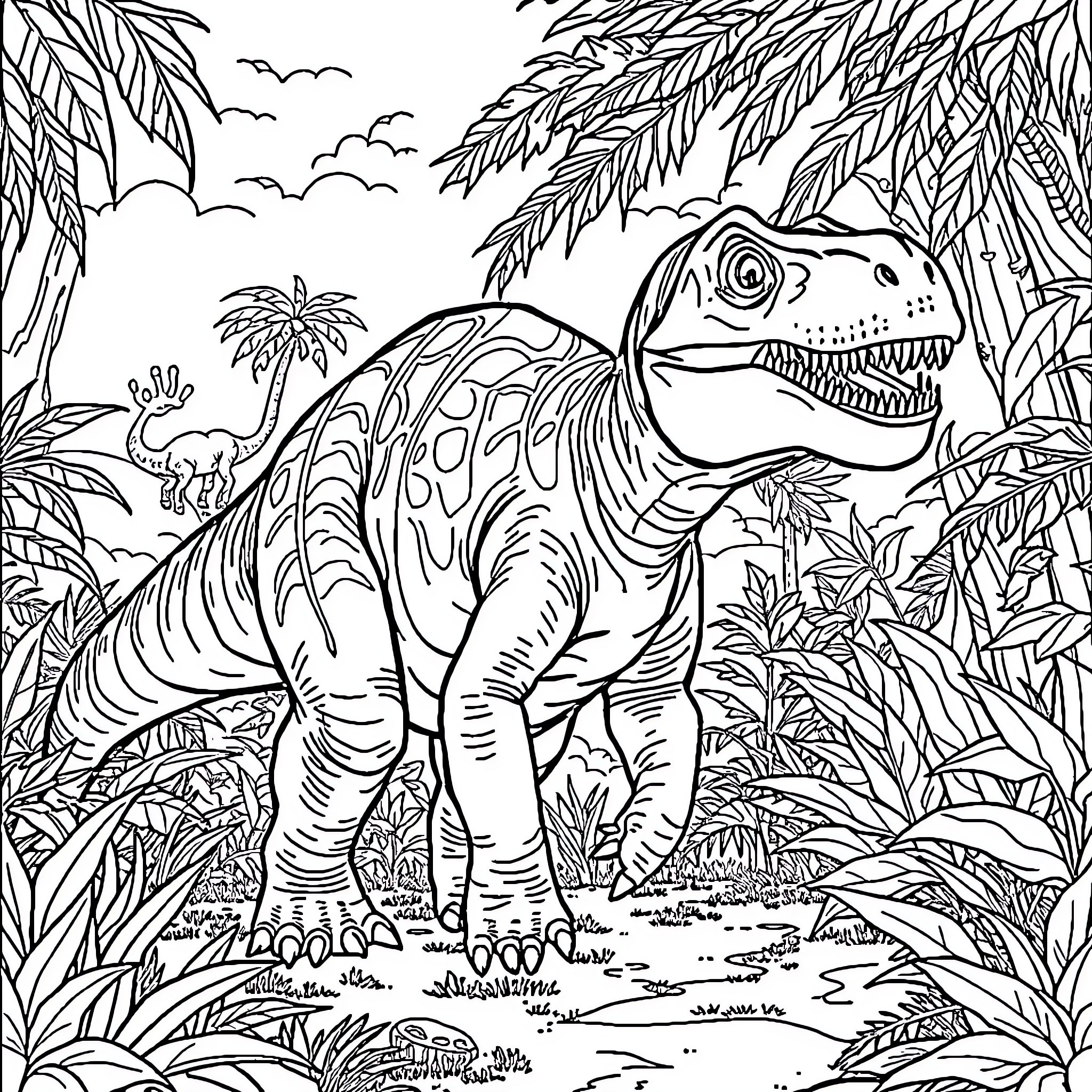 Dinosaur roaming in lush jungle landscape Coloring Page (free black-and-white line drawing printable PDF for all, from beginners to advanced learners, including children, teens, adults, and seniors)