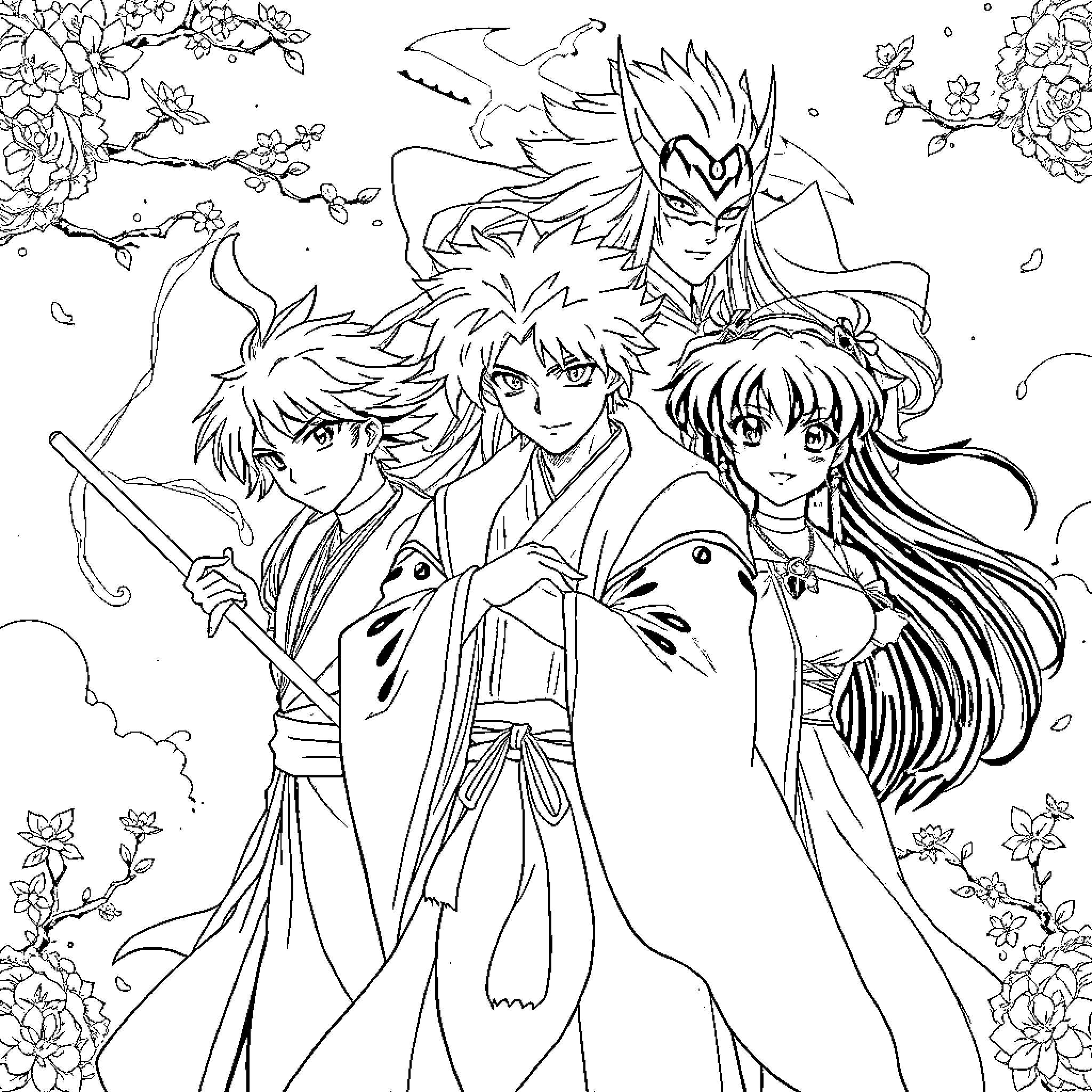 Sakura Trio Adventuring in Scenic Surroundings Coloring Page (free black-and-white line drawing printable PDF for all, from beginners to advanced learners, including children, teens, adults, and seniors)