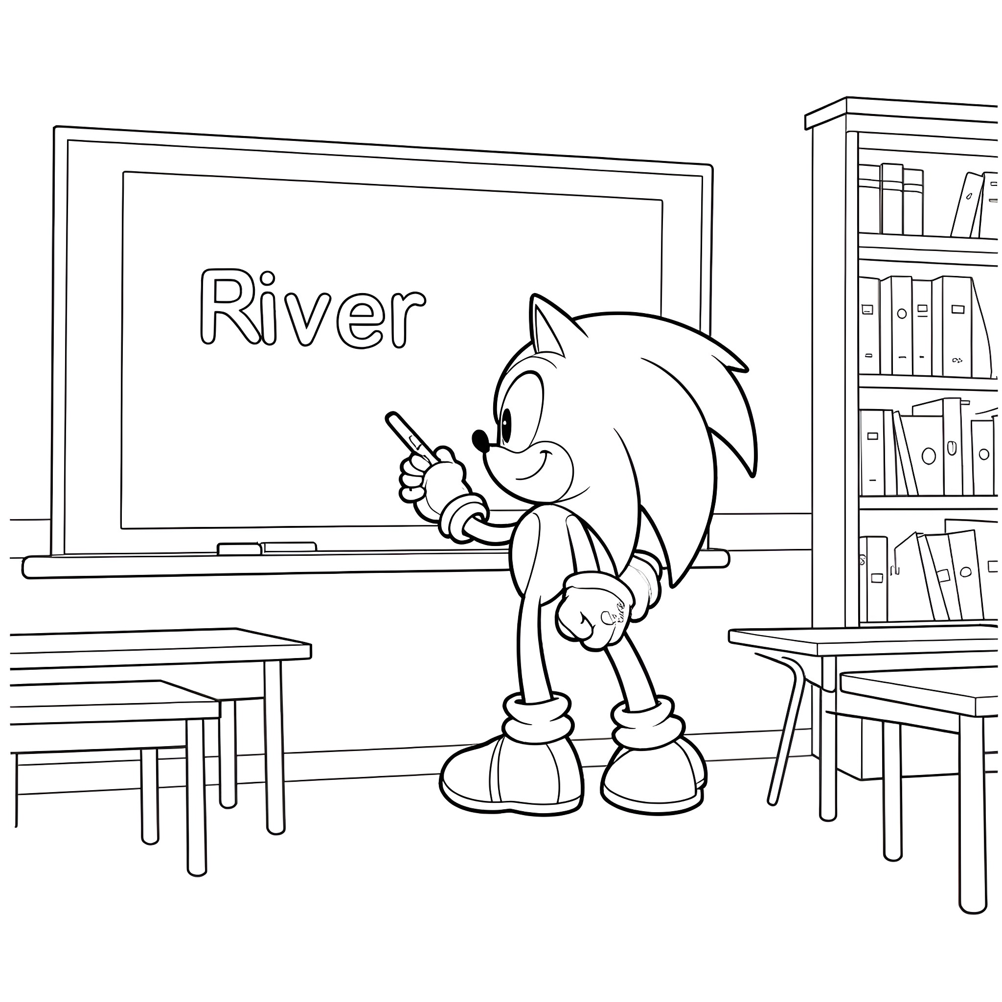 Sonic writing on a chalkboard in a classroom Coloring Page (free black-and-white line drawing printable PDF for all, from beginners to advanced learners, including children, teens, adults, and seniors)