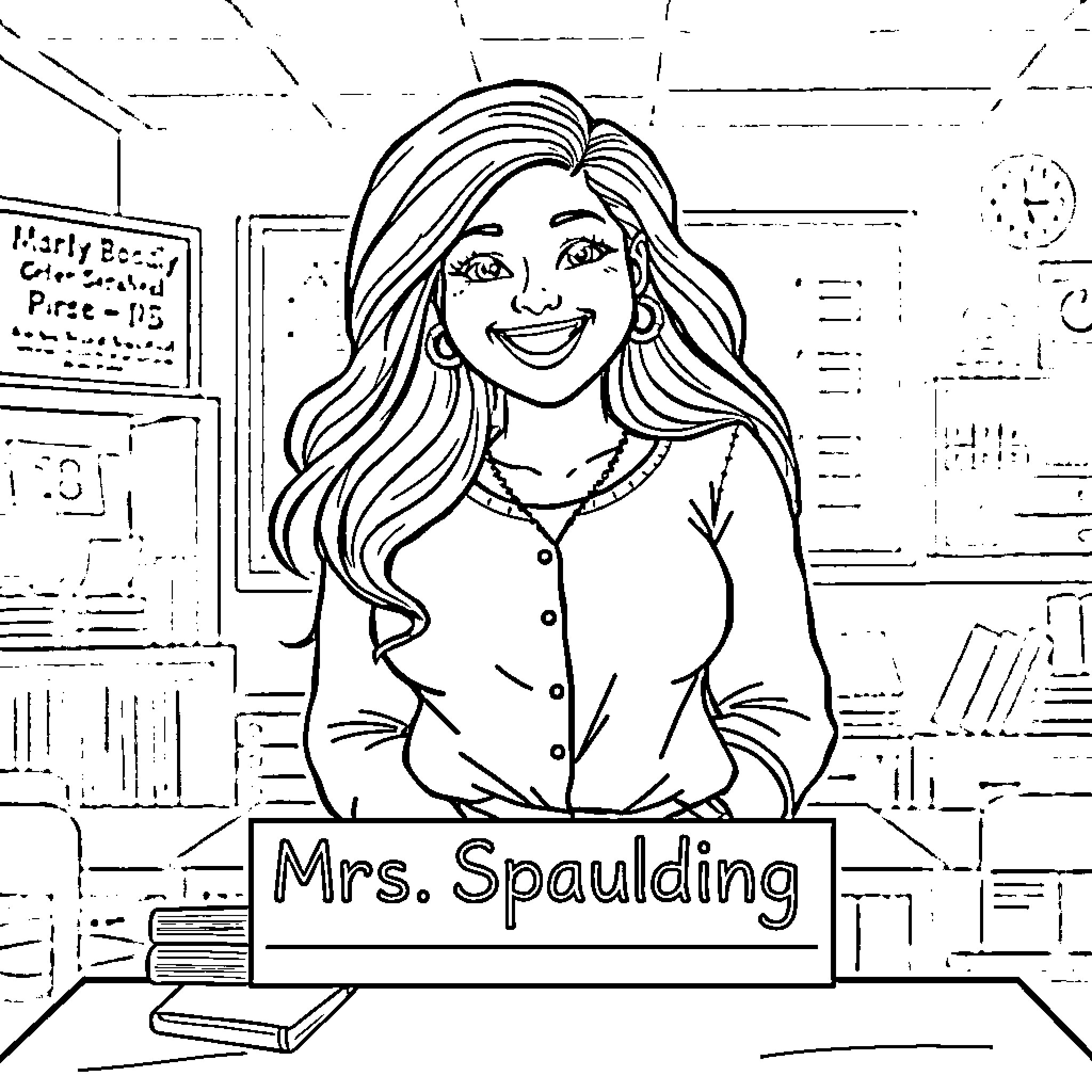 Woman smiling cheerfully in a classroom setting Coloring Page (free black-and-white line drawing printable PDF for all, from beginners to advanced learners, including children, teens, adults, and seniors)