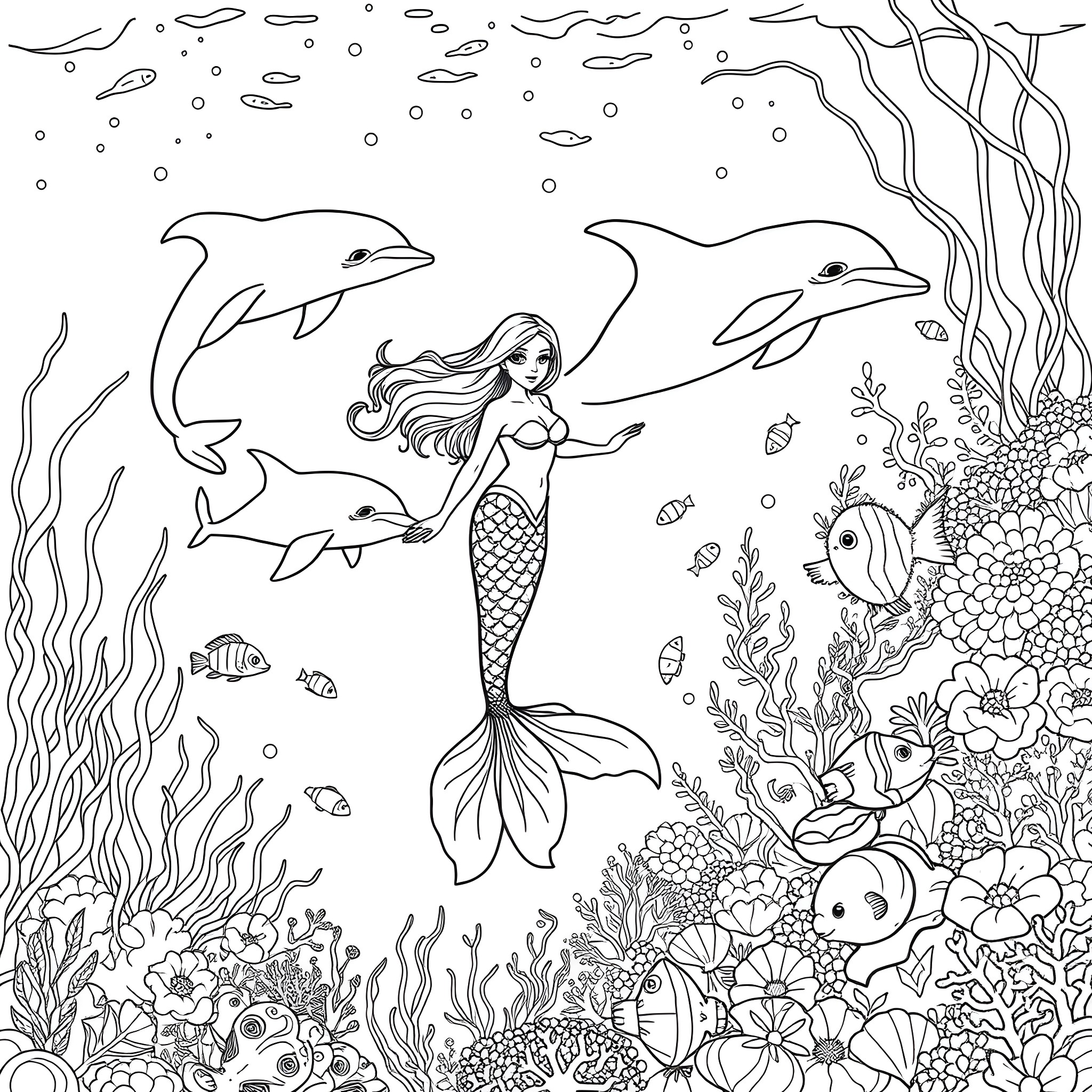 Mermaid swimming with dolphins in an underwater coral reef Coloring Page (free black-and-white line drawing printable PDF for all, from beginners to advanced learners, including children, teens, adults, and seniors)