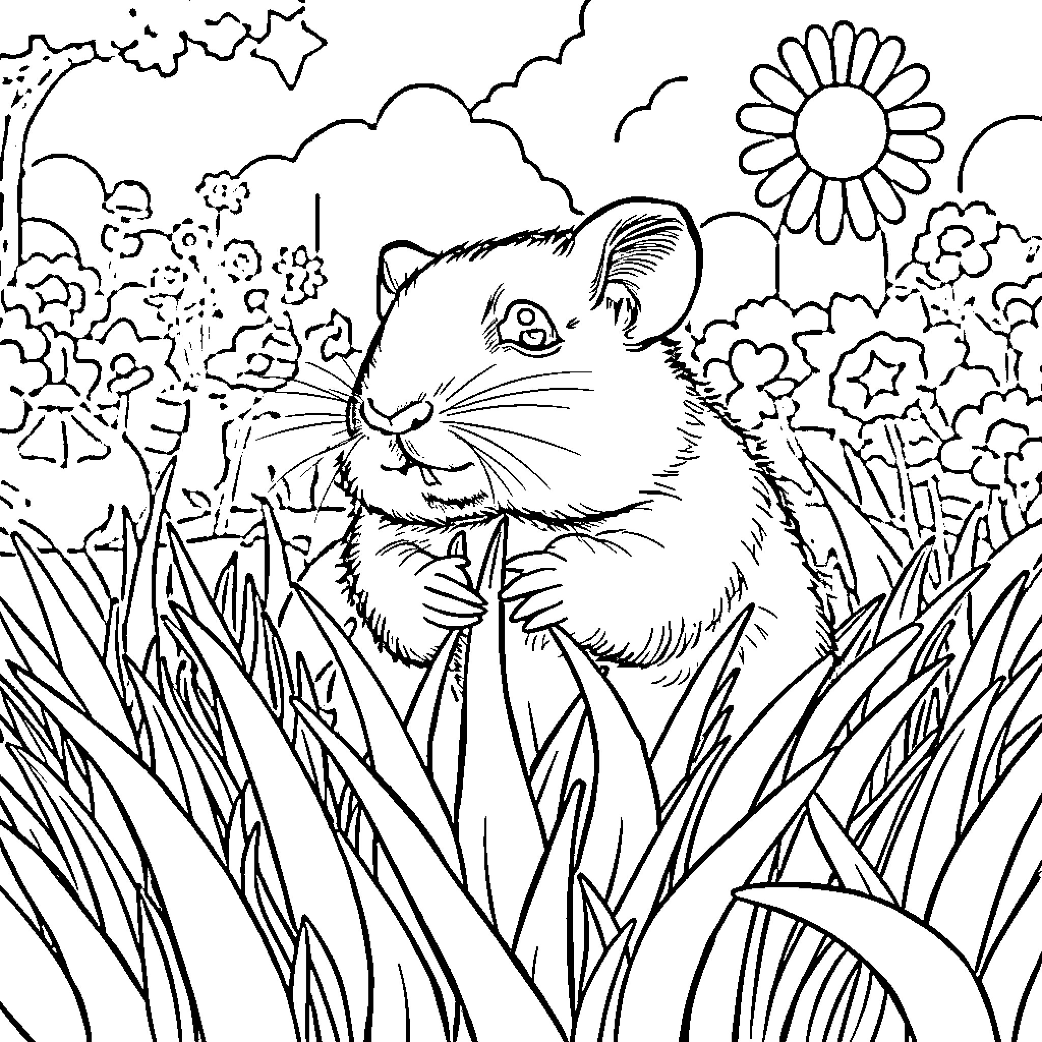 Hamster enjoying the garden landscape Coloring Page (free black-and-white line drawing printable PDF for all, from beginners to advanced learners, including children, teens, adults, and seniors)
