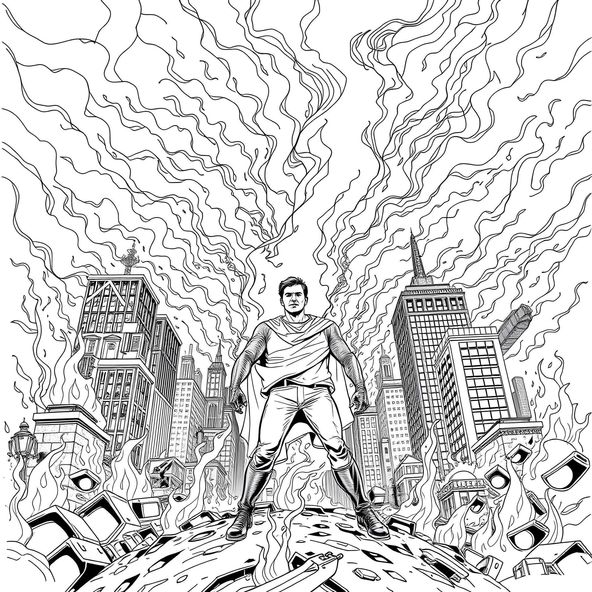 Mr. Adams battles heroically in the city Coloring Page (free black-and-white line drawing printable PDF for all, from beginners to advanced learners, including children, teens, adults, and seniors)