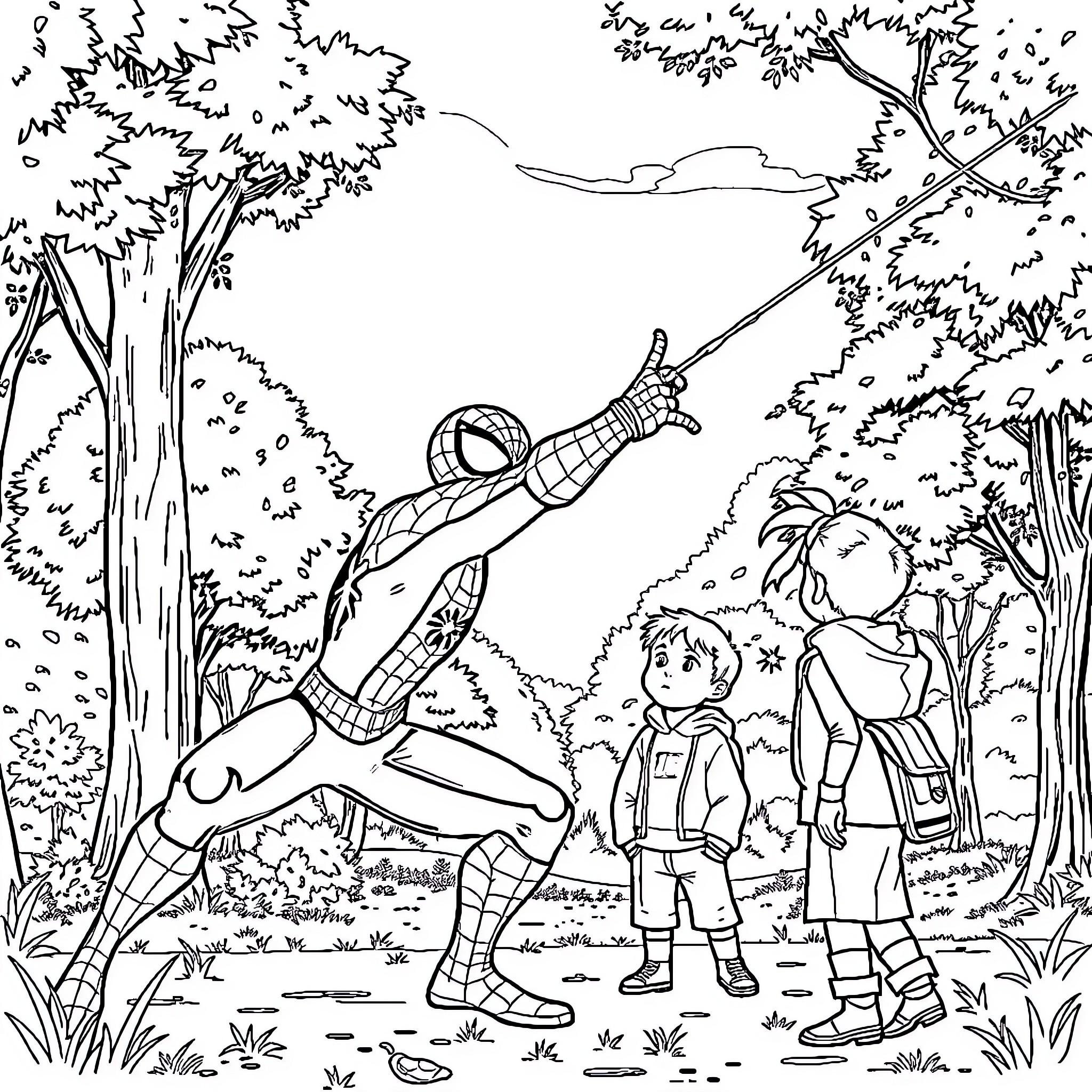 Spiderman swinging through the forest with children Coloring Page (free black-and-white line drawing printable PDF for all, from beginners to advanced learners, including children, teens, adults, and seniors)