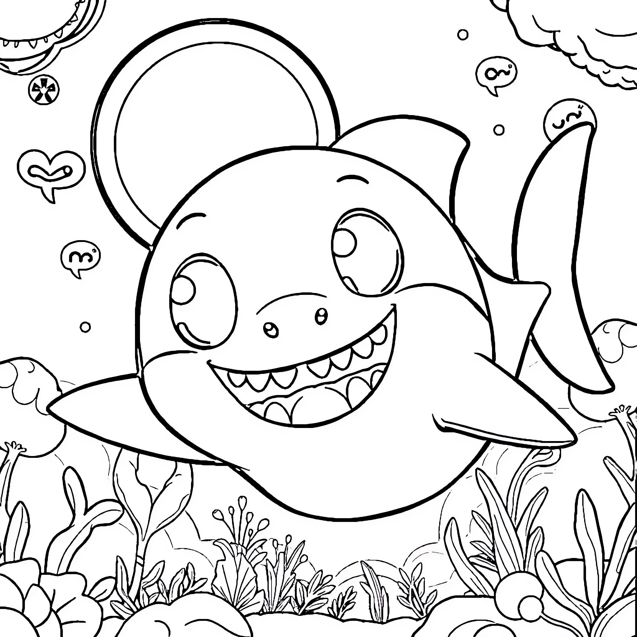 Baby Shark swimming happily in the ocean Coloring Page (free black-and-white line drawing printable PDF for all, from beginners to advanced learners, including children, teens, adults, and seniors)