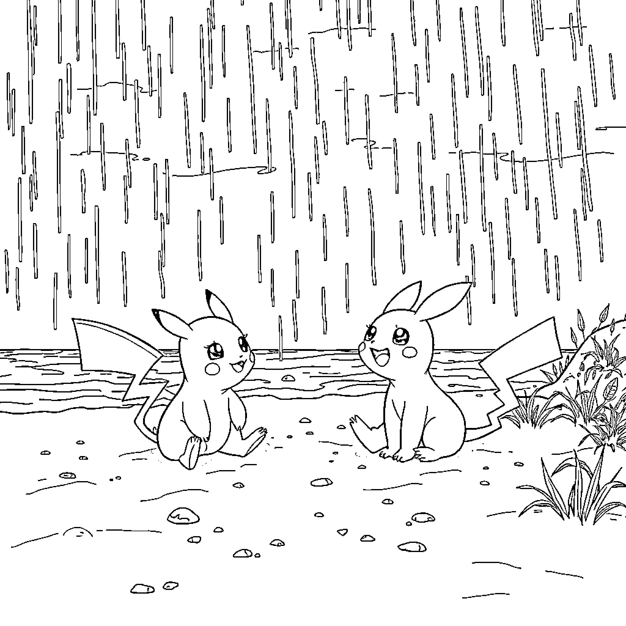 Pokémon Pikachu and Buneary enjoying the rainy day Coloring Page (free black-and-white line drawing printable PDF for all, from beginners to advanced learners, including children, teens, adults, and seniors)