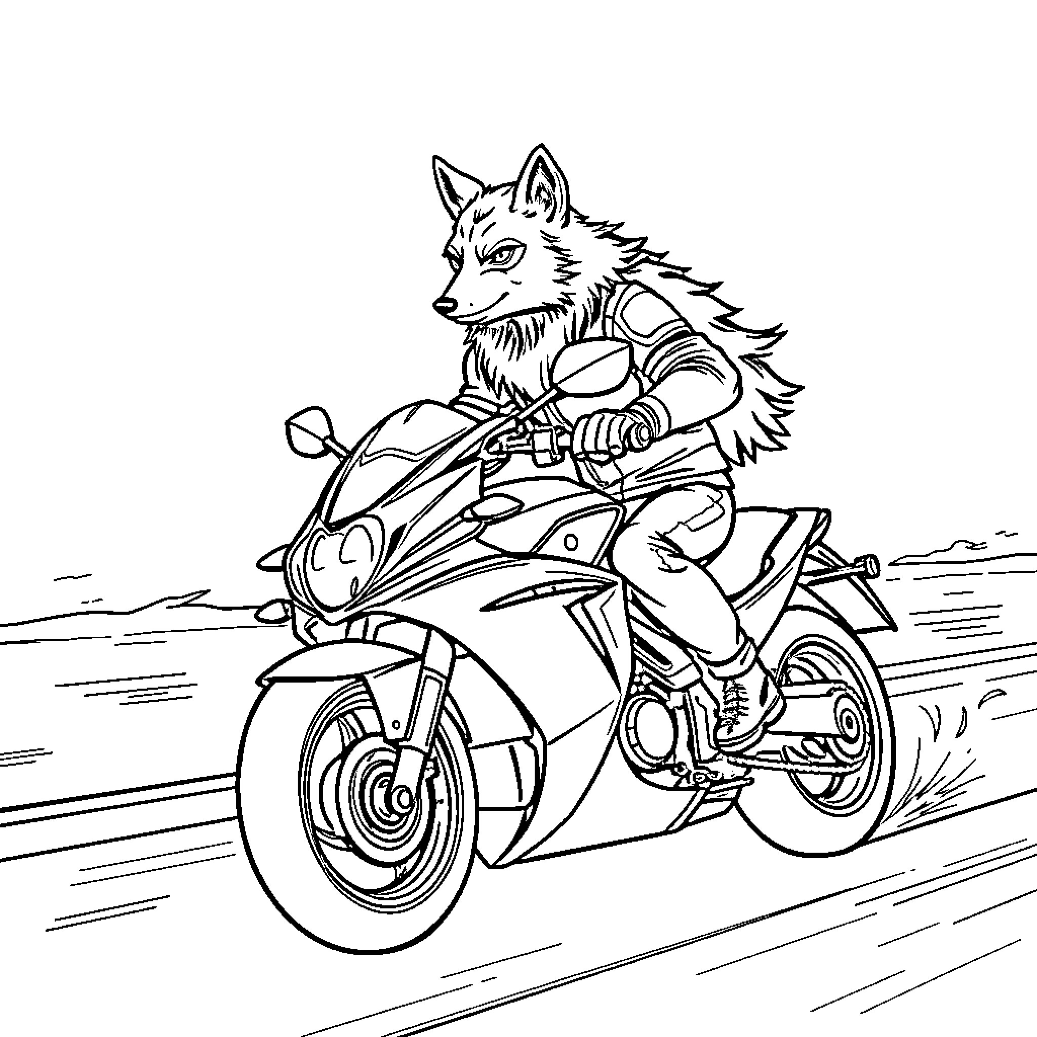 Wolf speeding on a high-powered motorcycle Coloring Page (free black-and-white line drawing printable PDF for all, from beginners to advanced learners, including children, teens, adults, and seniors)
