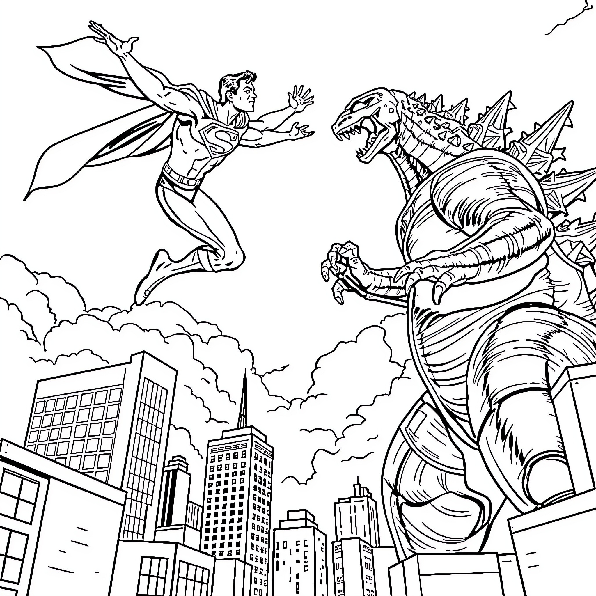 Superman battling a giant monster in the city Coloring Page (free black-and-white line drawing printable PDF for all, from beginners to advanced learners, including children, teens, adults, and seniors)
