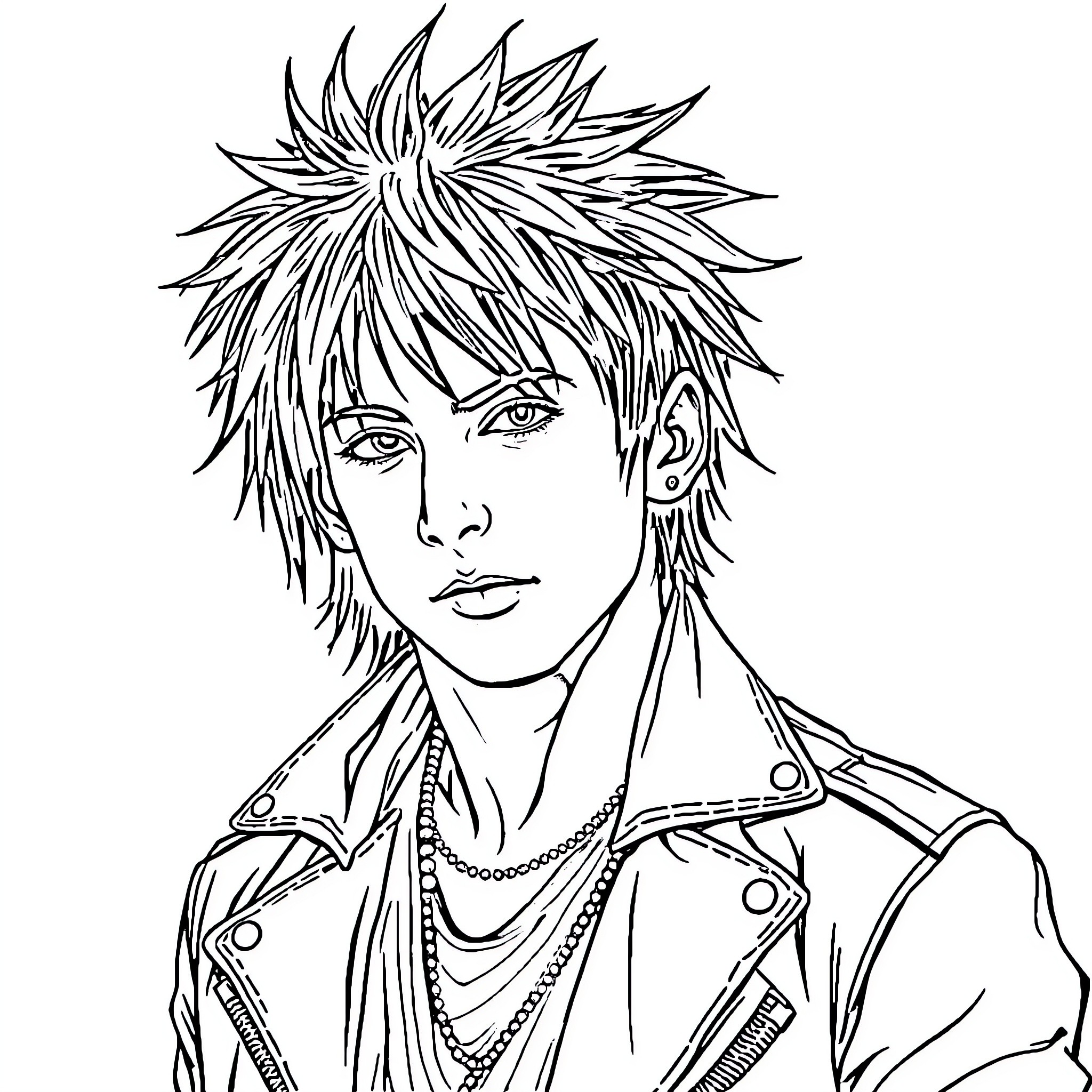 Punk Rock Guy with Spiky Hair and Edgy Outfit Coloring Page (free black-and-white line drawing printable PDF for all, from beginners to advanced learners, including children, teens, adults, and seniors)