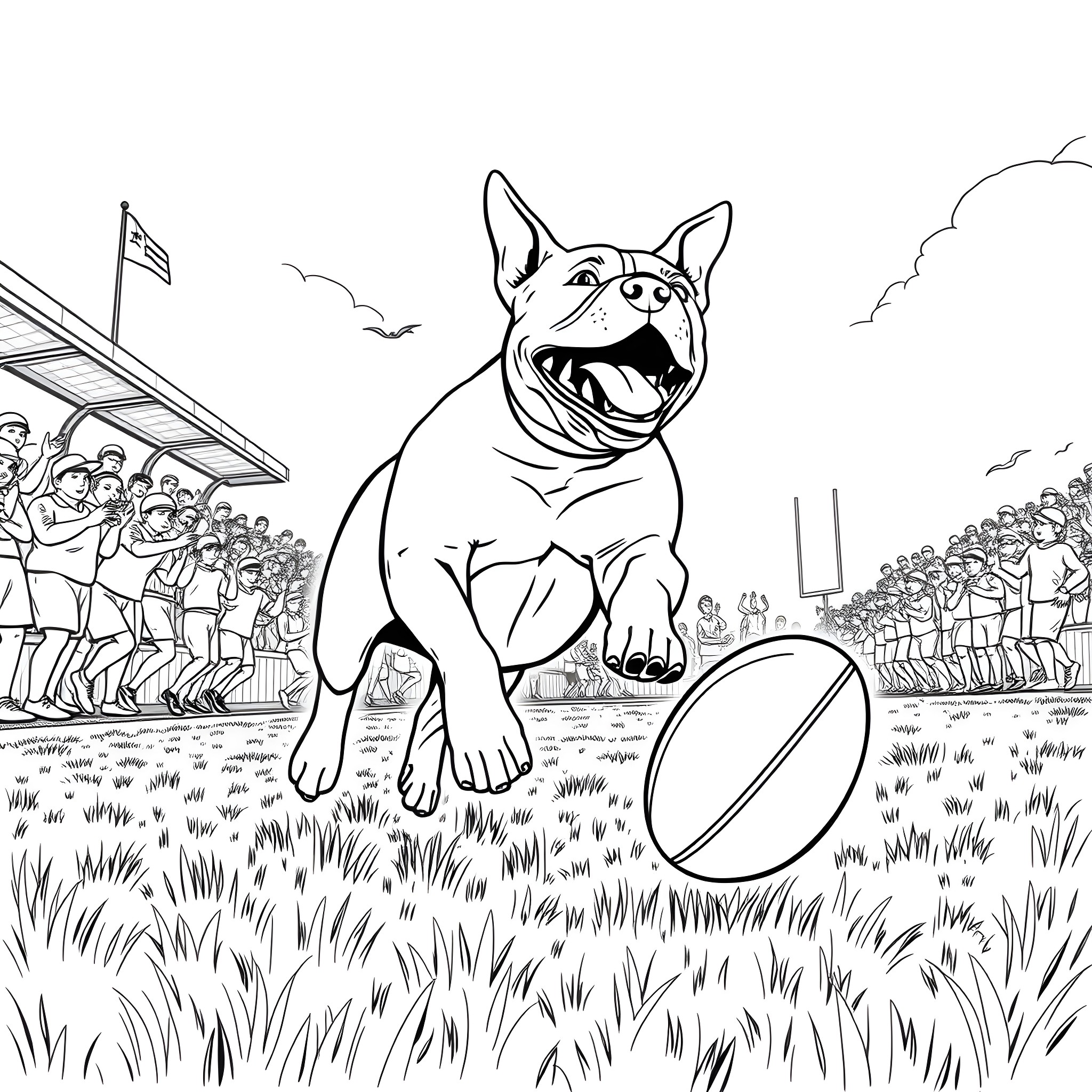 Staffordshire Bull Terrier playing happily on the field Coloring Page (free black-and-white line drawing printable PDF for all, from beginners to advanced learners, including children, teens, adults, and seniors)