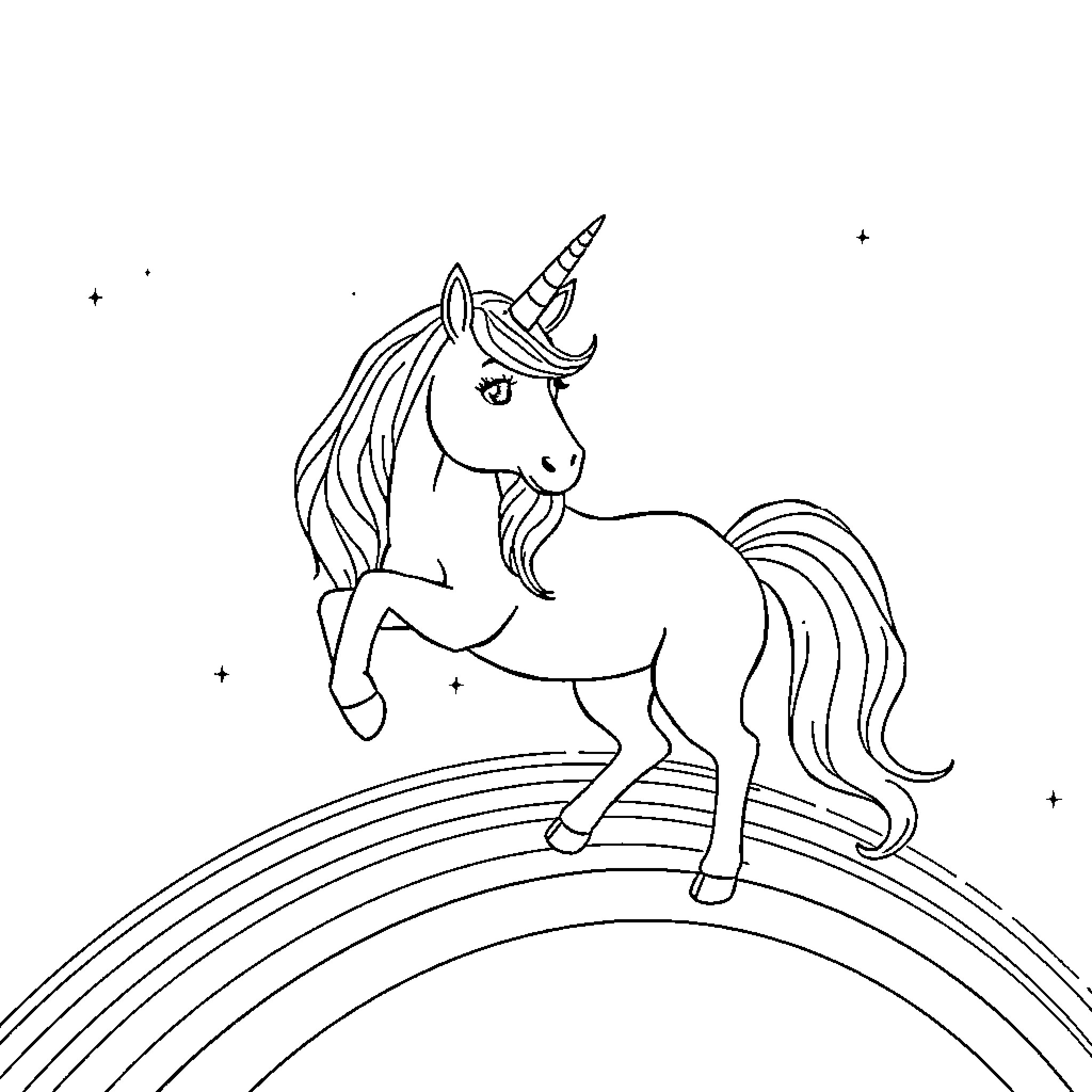 Unicorn standing on rainbow in starry sky Coloring Page (free black-and-white line drawing printable PDF for all, from beginners to advanced learners, including children, teens, adults, and seniors)