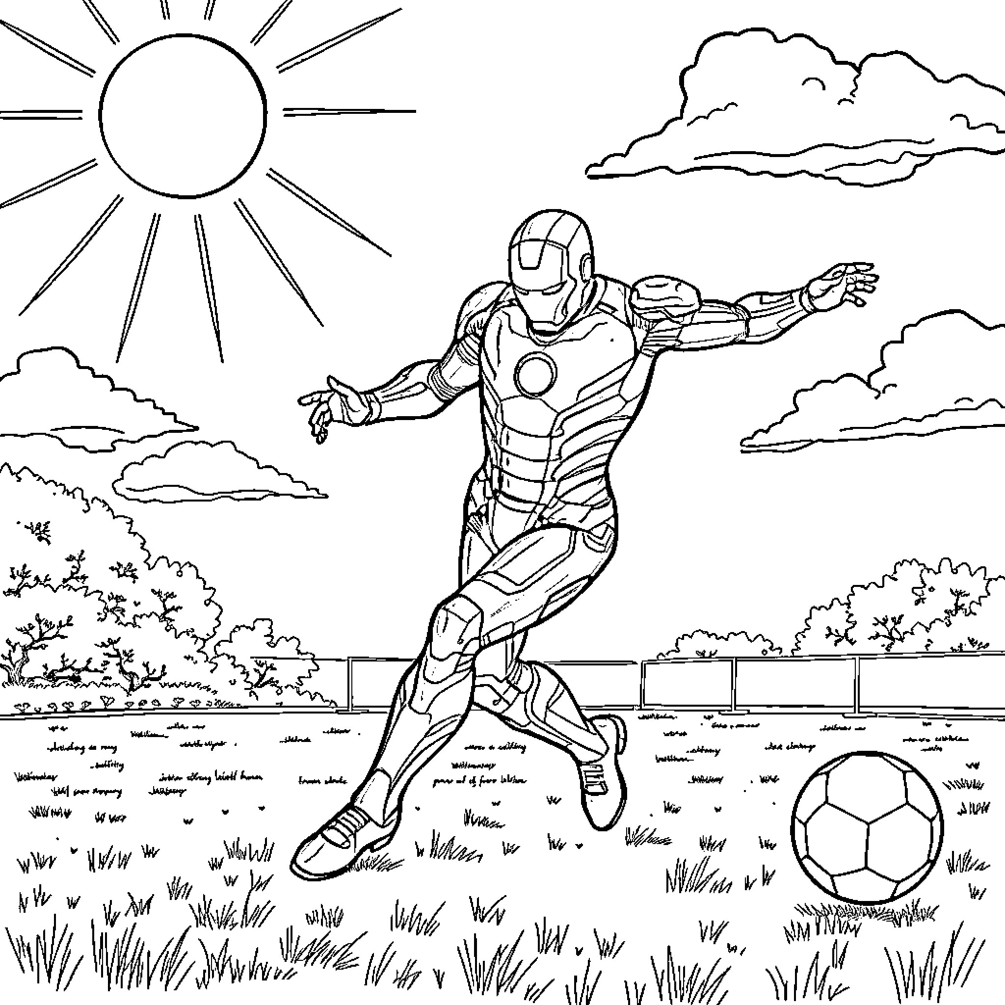 Iron Man Kicking a Soccer Ball in the Countryside Coloring Page (free black-and-white line drawing printable PDF for all, from beginners to advanced learners, including children, teens, adults, and seniors)