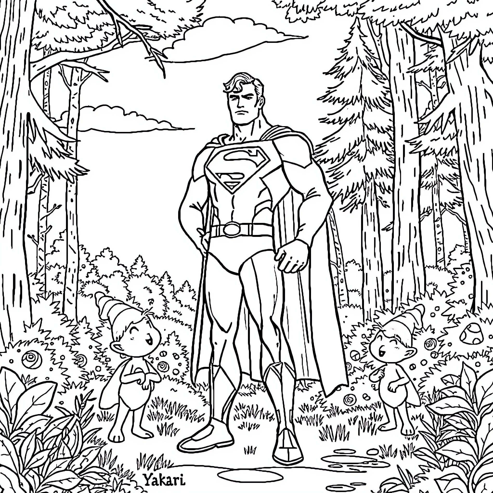 Superman stands heroically in a forest landscape Coloring Page (free black-and-white line drawing printable PDF for all, from beginners to advanced learners, including children, teens, adults, and seniors)