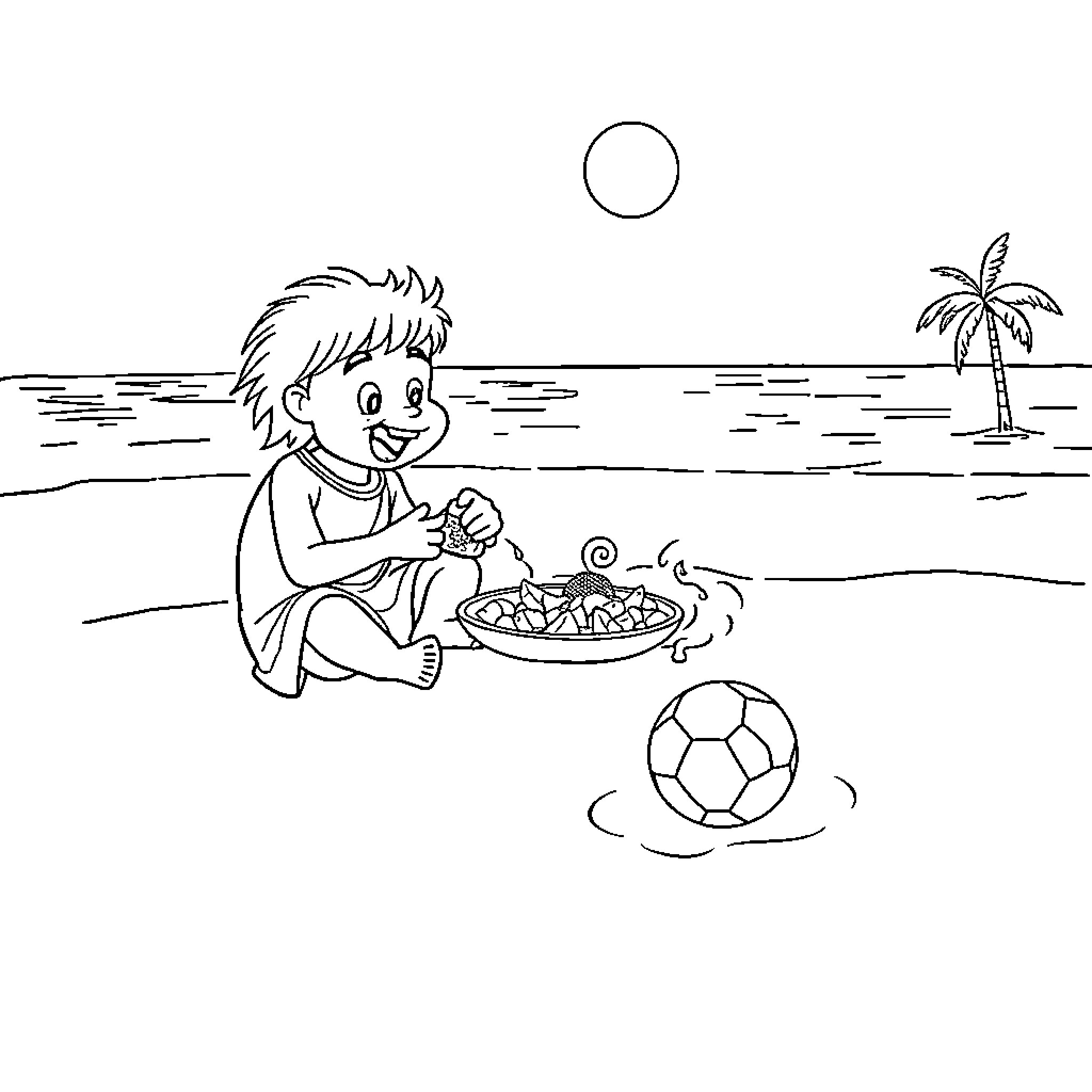 Football player relaxing on the beach Coloring Page (free black-and-white line drawing printable PDF for all, from beginners to advanced learners, including children, teens, adults, and seniors)