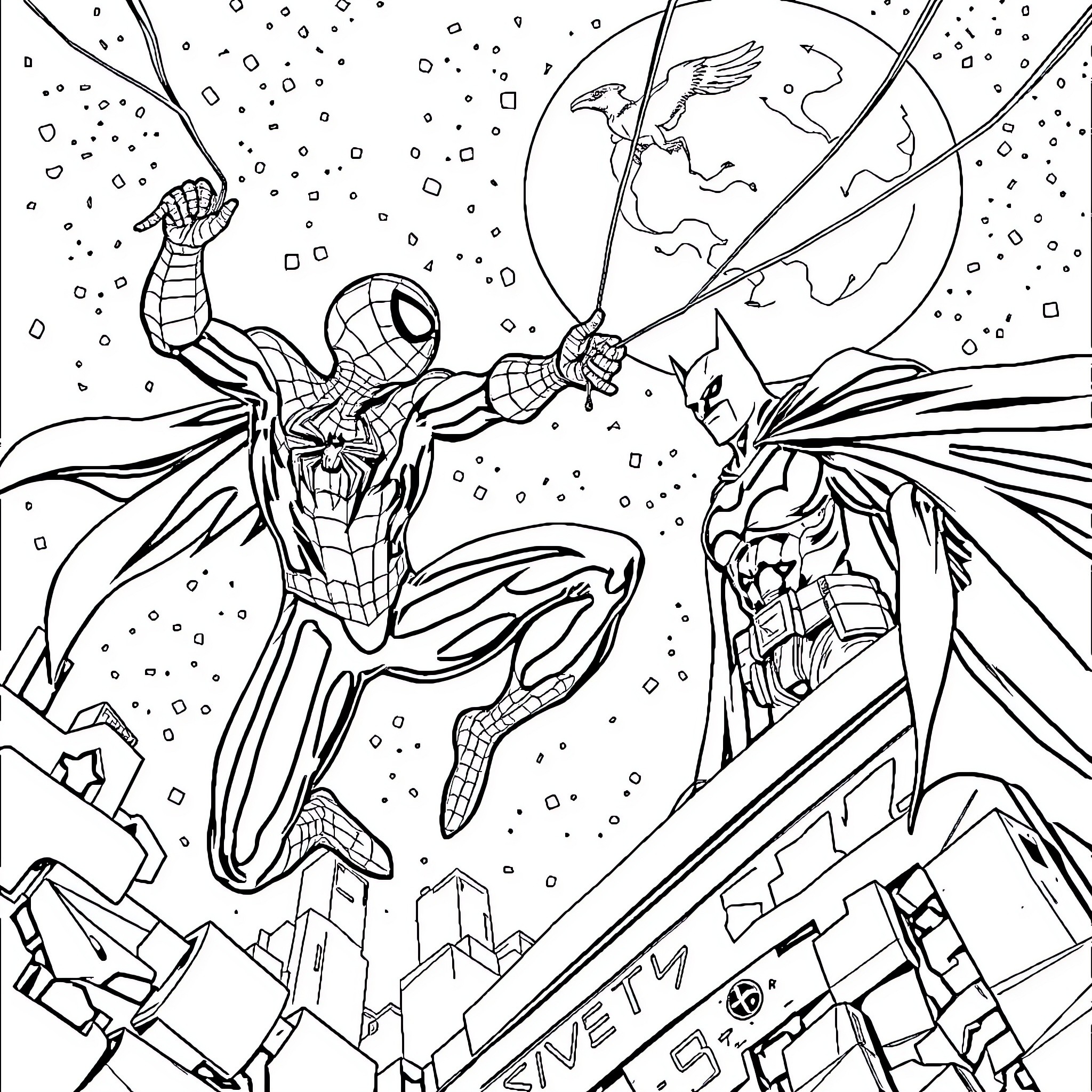 Spiderman confronting a mysterious figure in a snowy city Coloring Page (free black-and-white line drawing printable PDF for all, from beginners to advanced learners, including children, teens, adults, and seniors)