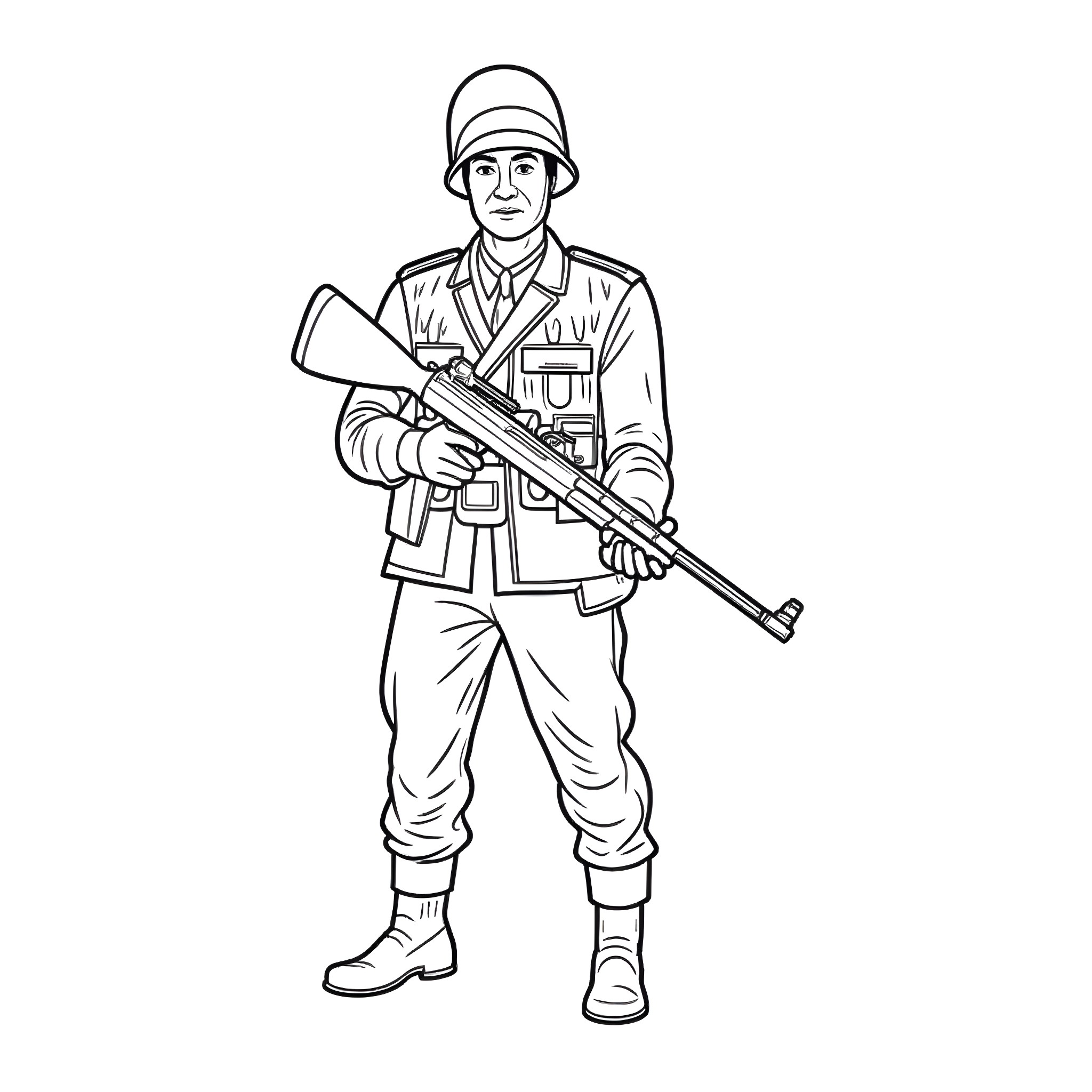 Soldier standing at attention with rifle Coloring Page (free black-and-white line drawing printable PDF for all, from beginners to advanced learners, including children, teens, adults, and seniors)