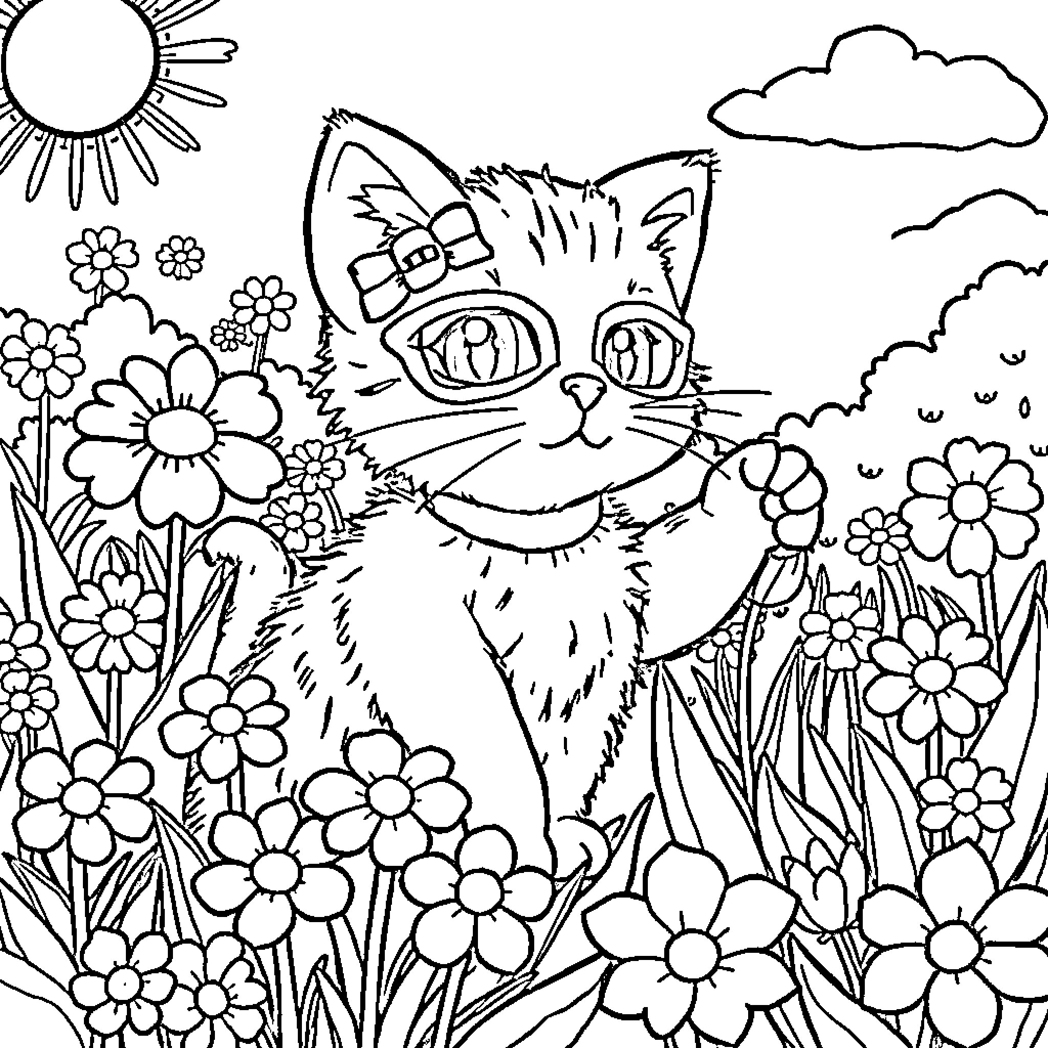 Kitty Admiring the Blooming Flowers Coloring Page (free black-and-white line drawing printable PDF for all, from beginners to advanced learners, including children, teens, adults, and seniors)
