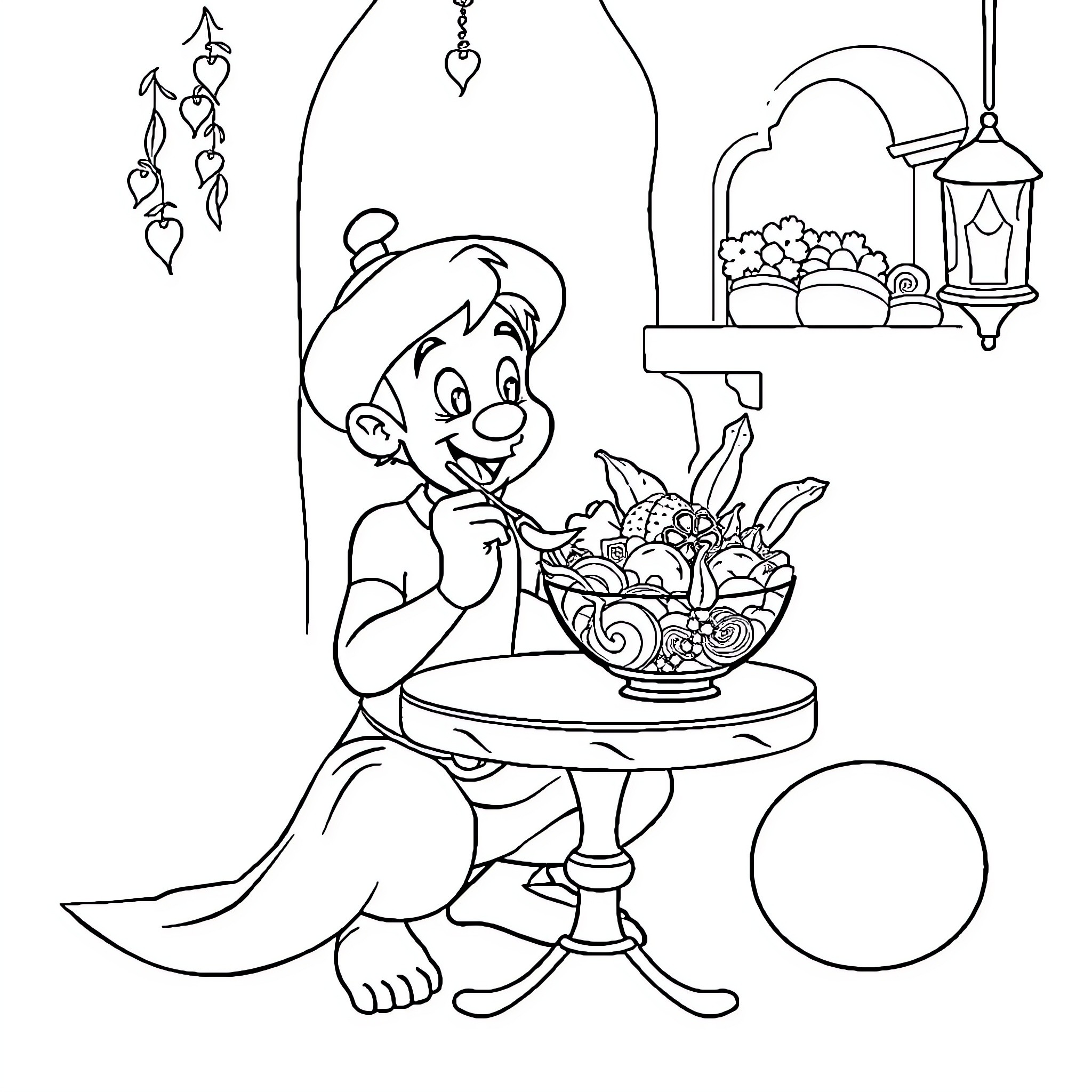 Aladdin enjoying a fruit salad in his palace Coloring Page (free black-and-white line drawing printable PDF for all, from beginners to advanced learners, including children, teens, adults, and seniors)