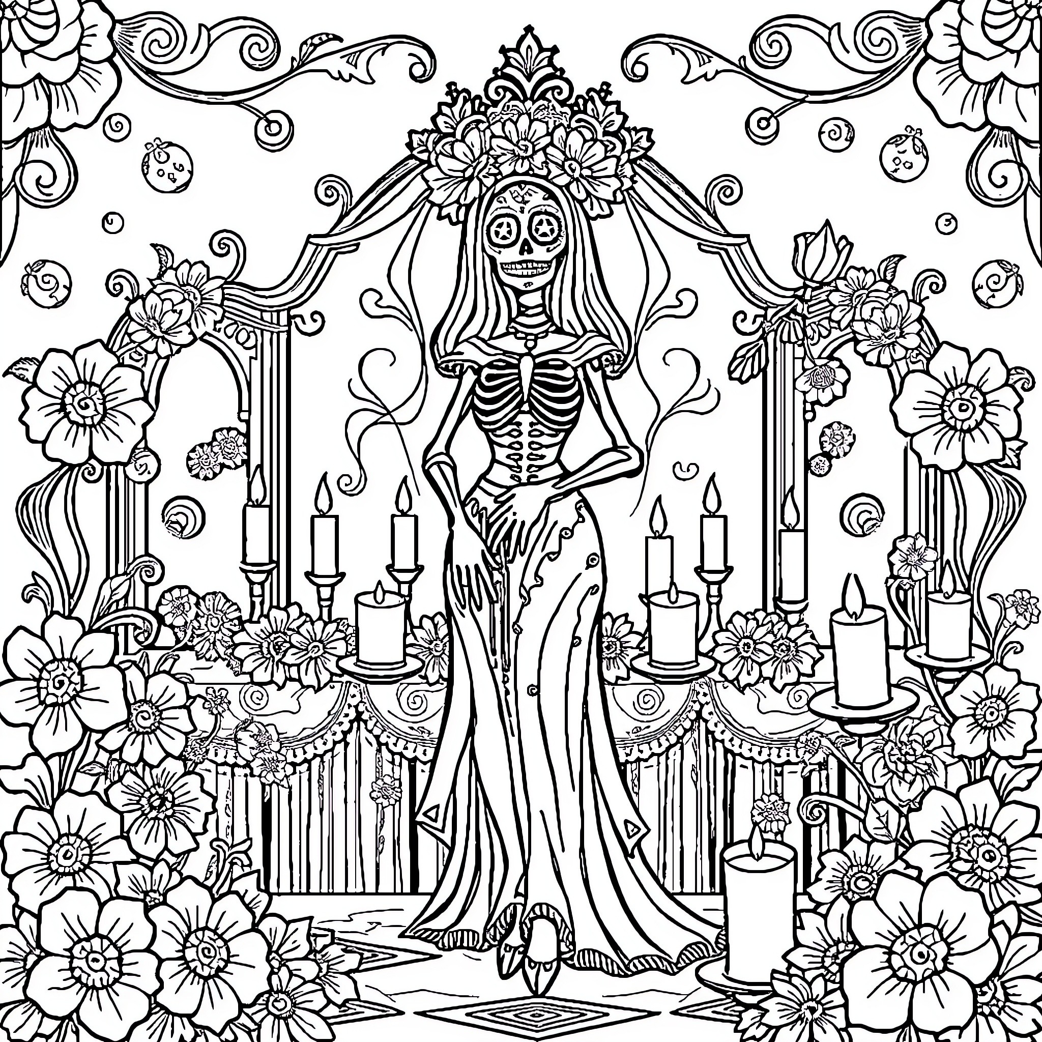 Catrina's Ethereal Floral Display Coloring Page (free black-and-white line drawing printable PDF for all, from beginners to advanced learners, including children, teens, adults, and seniors)