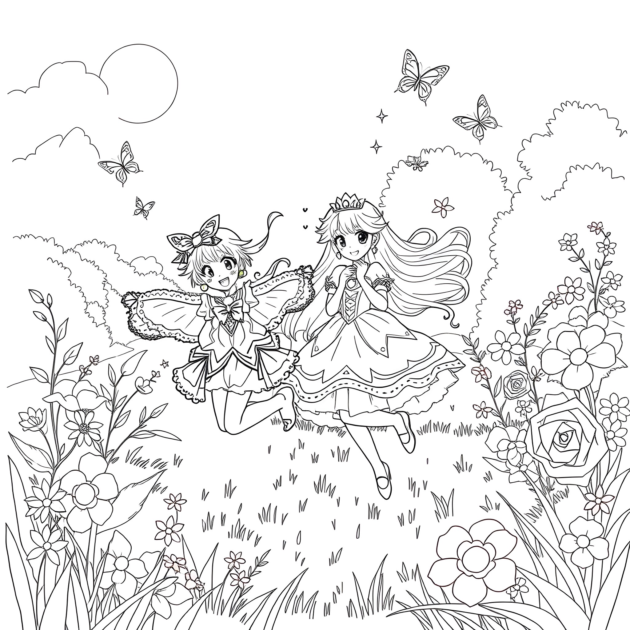 Precure Characters Frolicking in Vibrant Flower Field Coloring Page (free black-and-white line drawing printable PDF for all, from beginners to advanced learners, including children, teens, adults, and seniors)