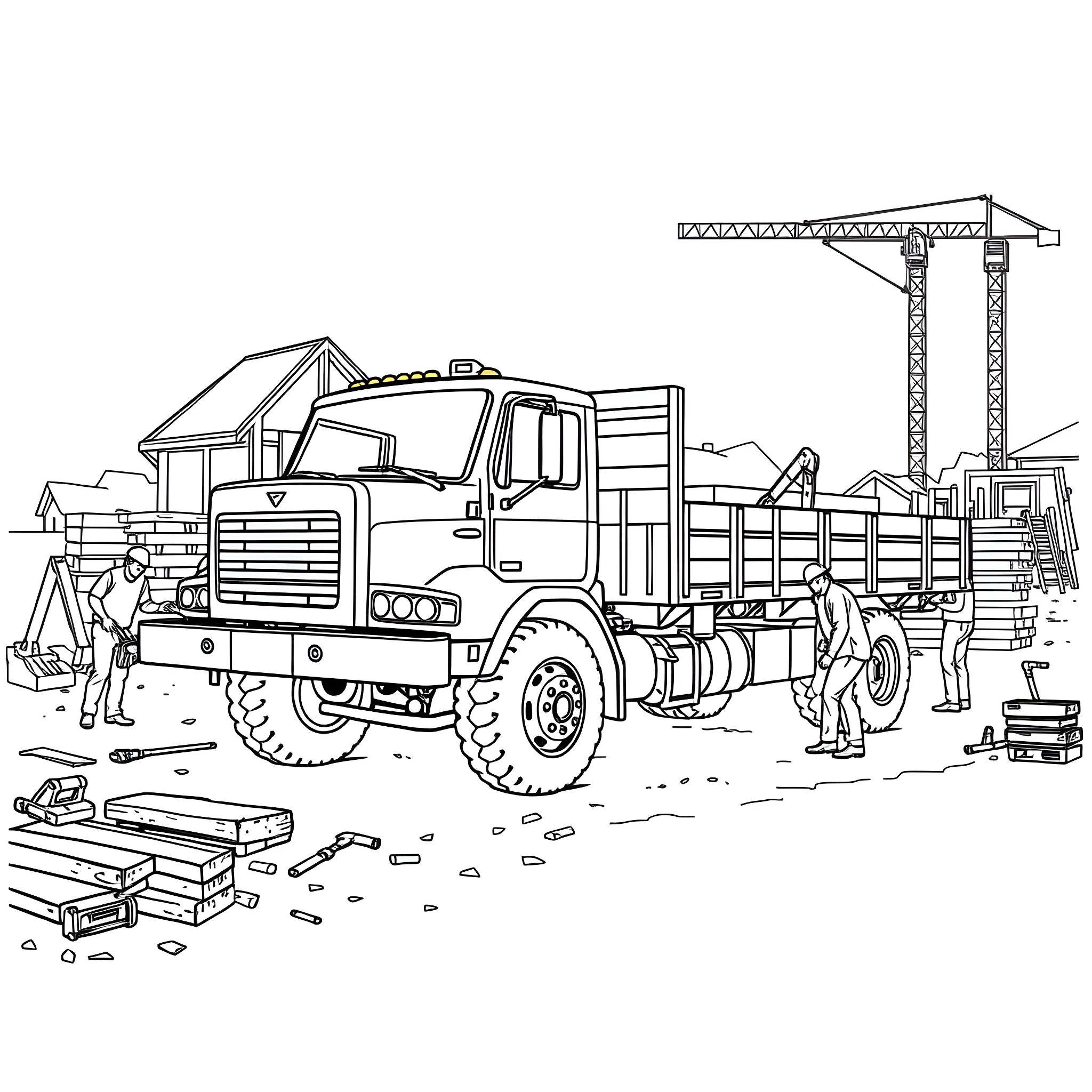 Flatbed construction truck and workers on site Coloring Page (free black-and-white line drawing printable PDF for all, from beginners to advanced learners, including children, teens, adults, and seniors)
