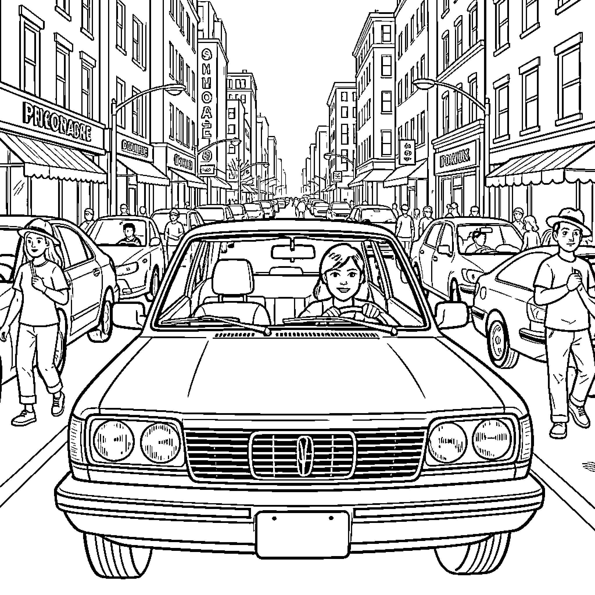 Inroman people driving and walking on a busy city street Coloring Page (free black-and-white line drawing printable PDF for all, from beginners to advanced learners, including children, teens, adults, and seniors)