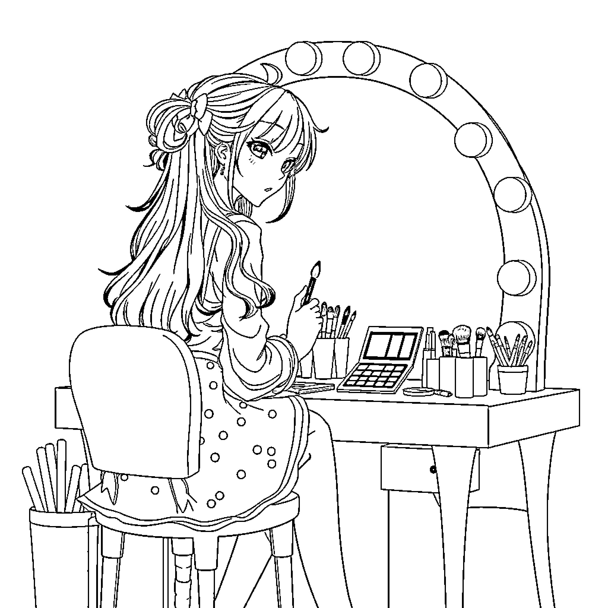 Hinata and Nezuko's Vanity Table Moments Coloring Page (free black-and-white line drawing printable PDF for all, from beginners to advanced learners, including children, teens, adults, and seniors)