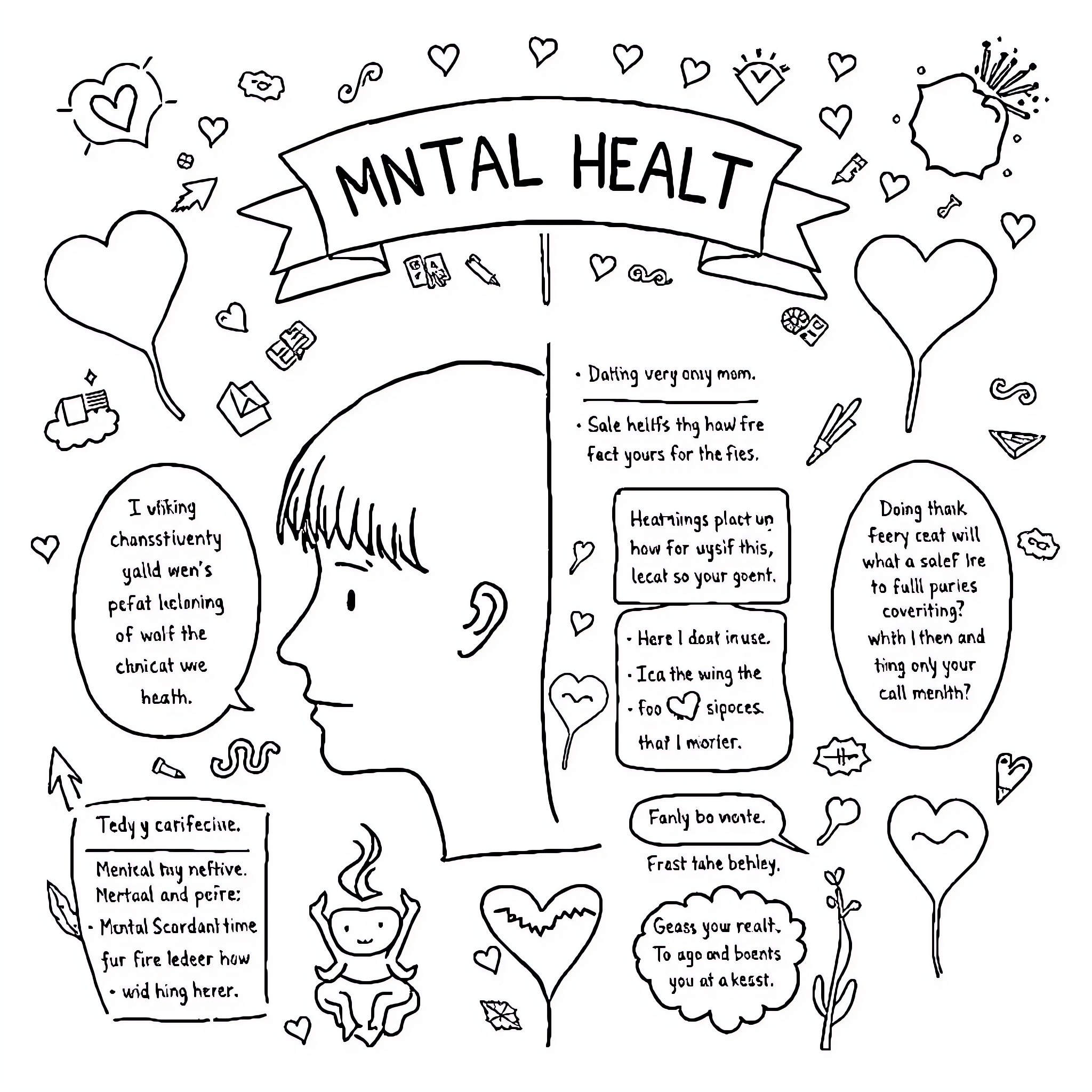 Mental Health: Exploring the Mind's Expressions Coloring Page (free black-and-white line drawing printable PDF for all, from beginners to advanced learners, including children, teens, adults, and seniors)