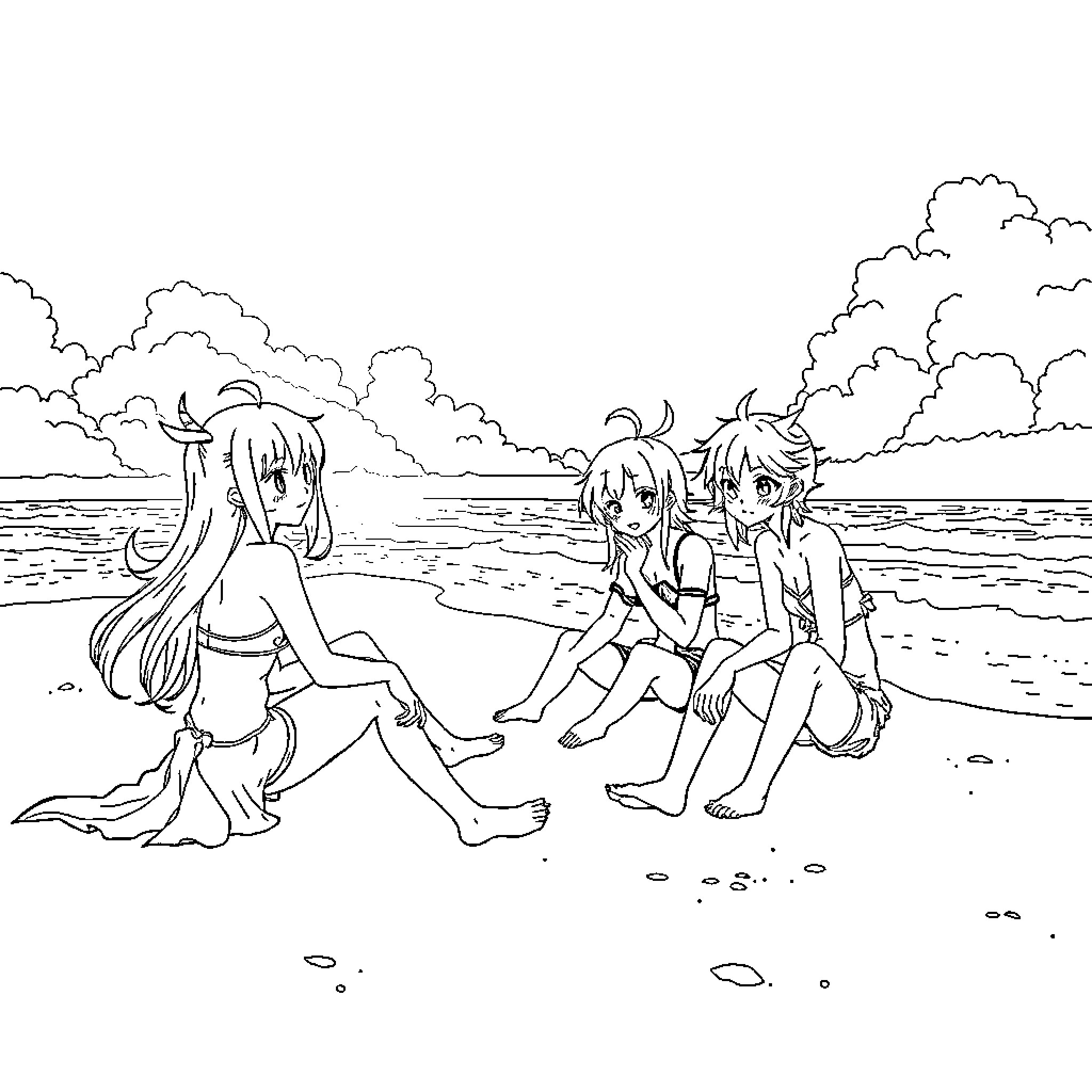 K-POP Demon Hunters Enjoying Beach Adventure Coloring Page (free black-and-white line drawing printable PDF for all, from beginners to advanced learners, including children, teens, adults, and seniors)
