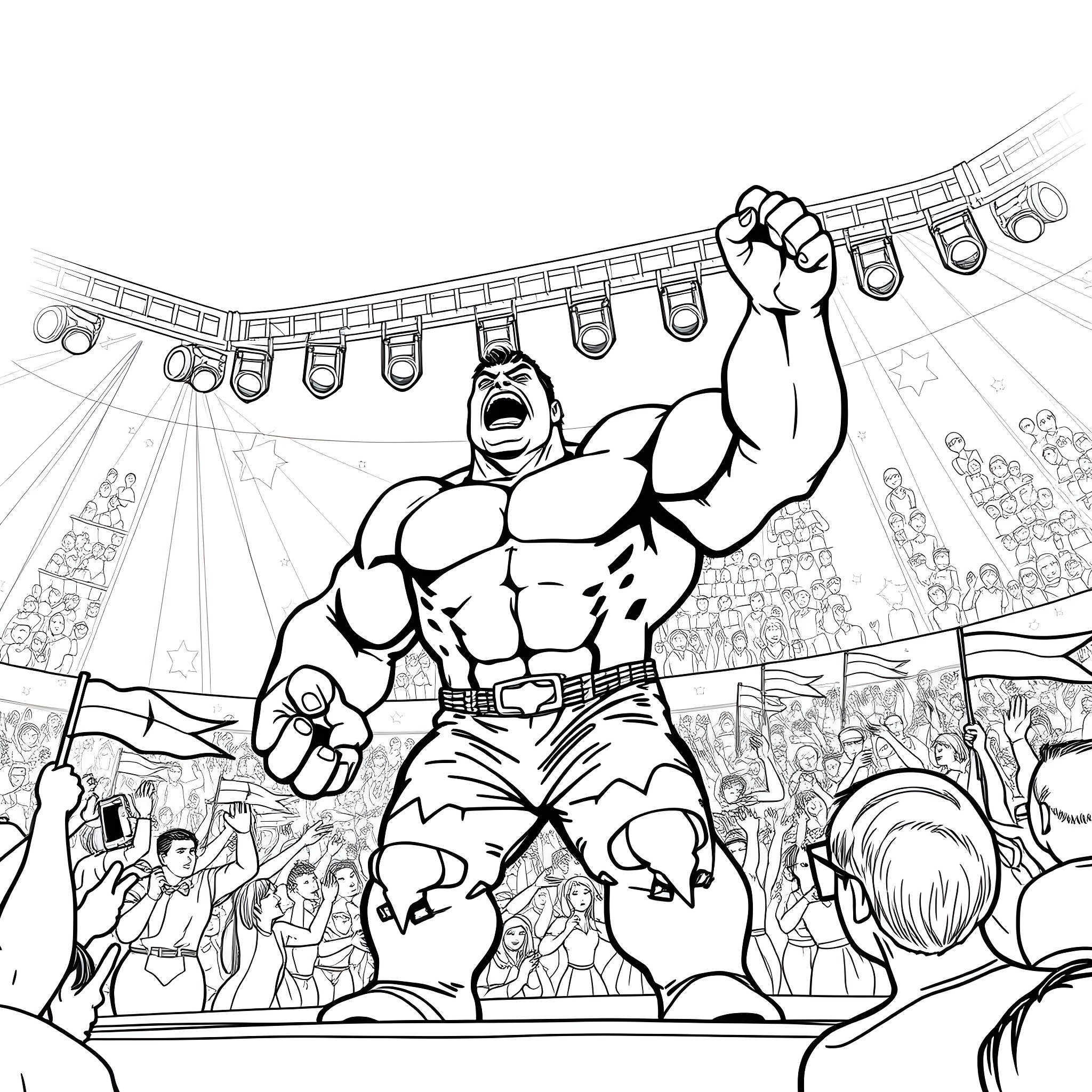 Hulk Unleashing Power in Epic Showdown Coloring Page (free black-and-white line drawing printable PDF for all, from beginners to advanced learners, including children, teens, adults, and seniors)