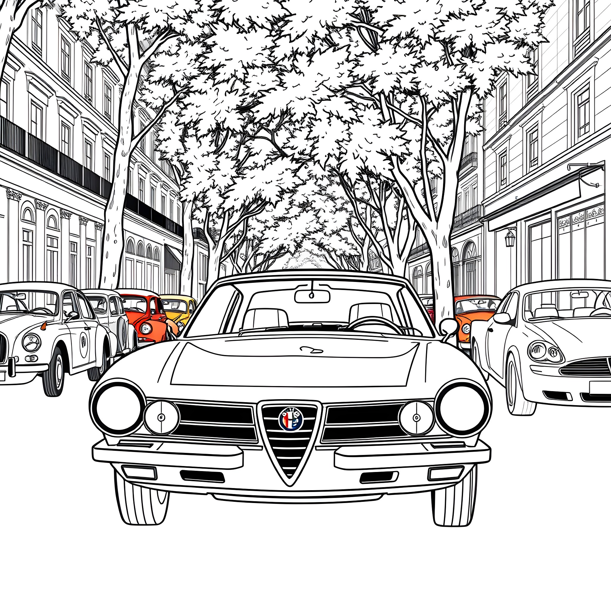 Alfa Romeo cars on a tree-lined street Coloring Page (free black-and-white line drawing printable PDF for all, from beginners to advanced learners, including children, teens, adults, and seniors)