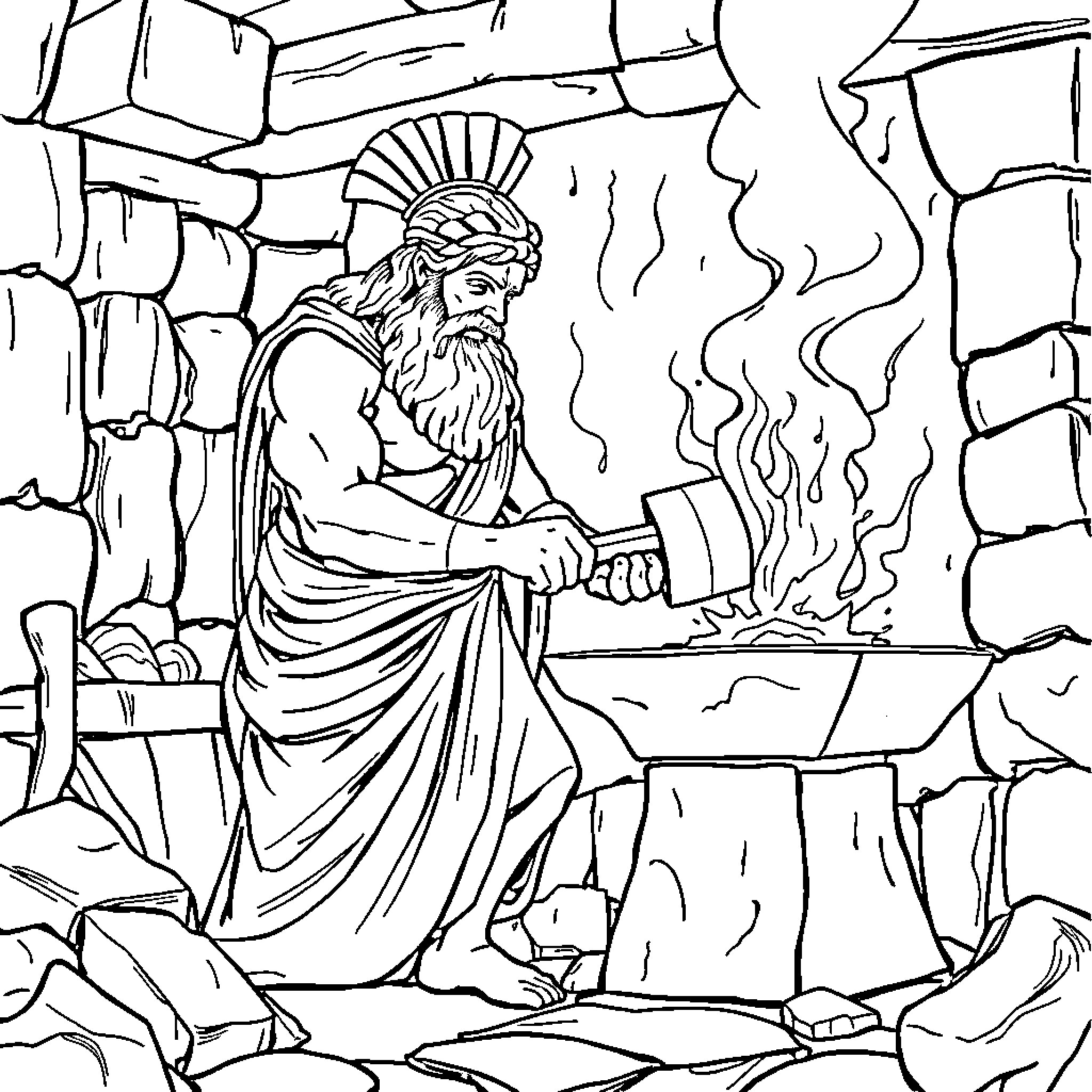 Hephaestus, the Greek god, forging in his workshop Coloring Page (free black-and-white line drawing printable PDF for all, from beginners to advanced learners, including children, teens, adults, and seniors)