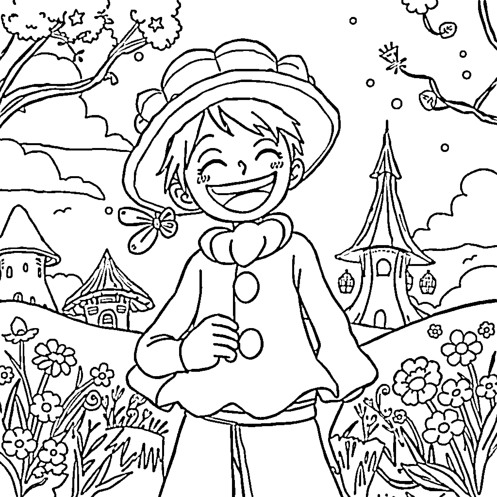 One Piece: Luffy's Whimsical Adventure in a Fantastical World Coloring Page (free black-and-white line drawing printable PDF for all, from beginners to advanced learners, including children, teens, adults, and seniors)