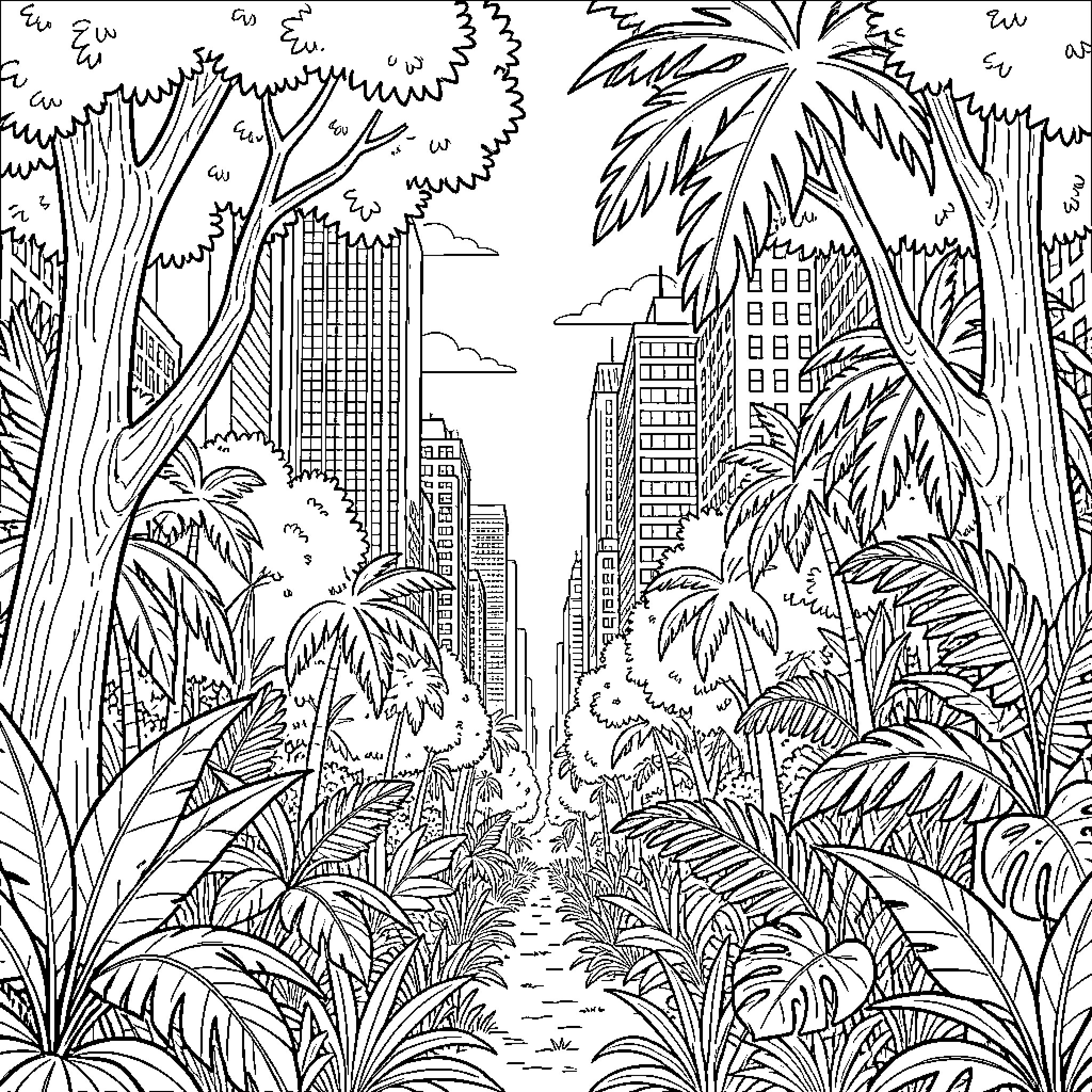 Jungle plants growing amidst tall city skyscrapers Coloring Page (free black-and-white line drawing printable PDF for all, from beginners to advanced learners, including children, teens, adults, and seniors)