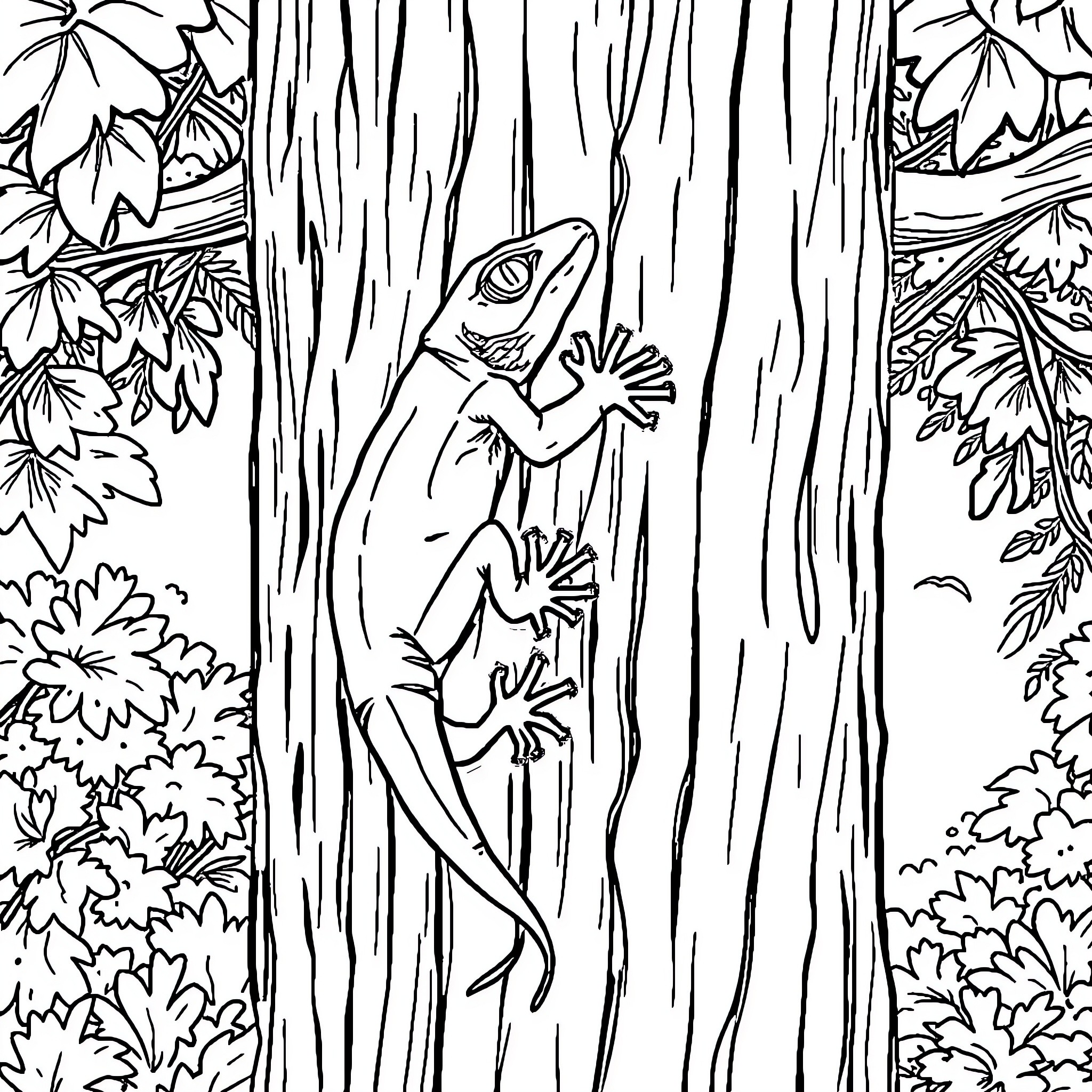 Ciliatus lizard scaling the tree trunk Coloring Page (free black-and-white line drawing printable PDF for all, from beginners to advanced learners, including children, teens, adults, and seniors)