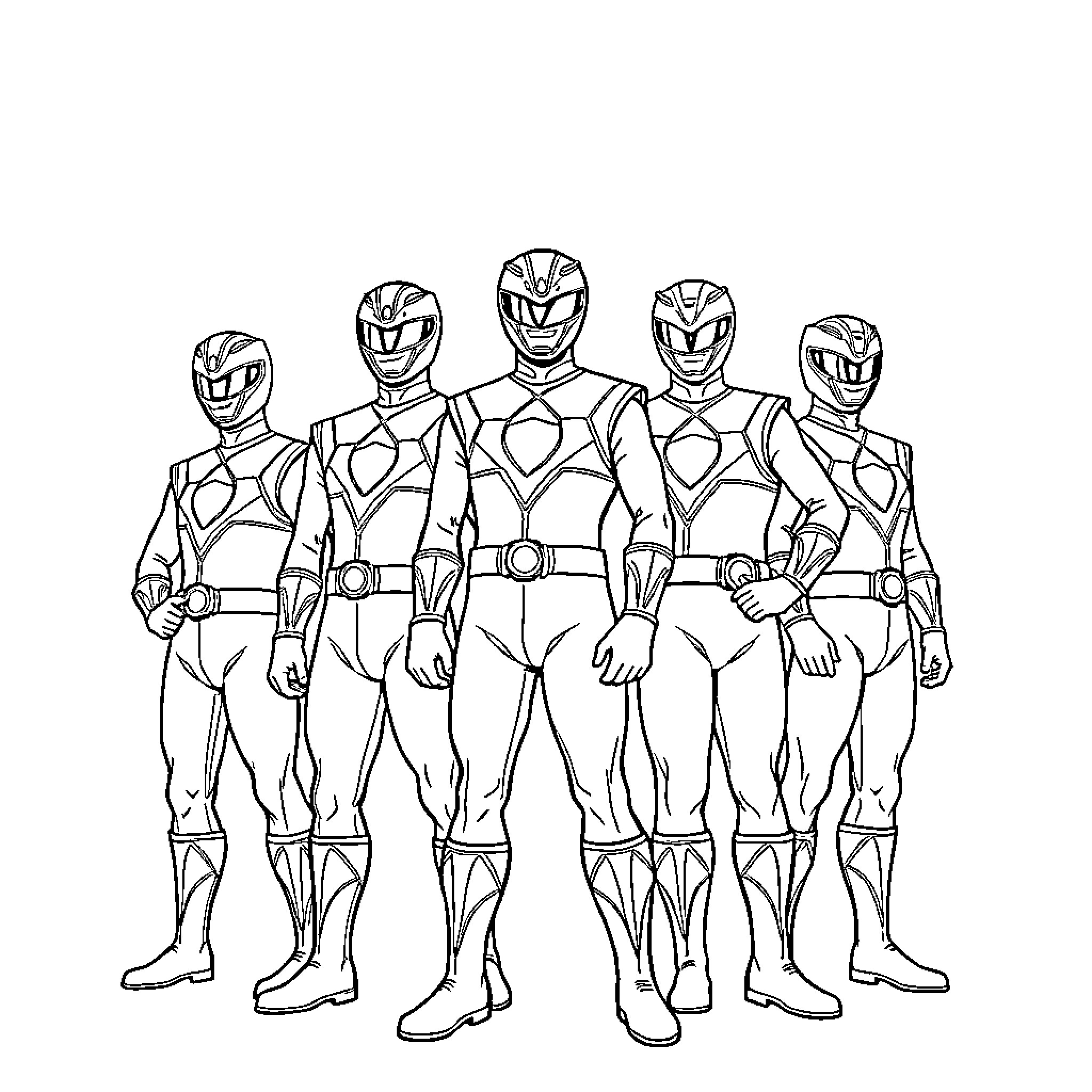 Power Ranger team in heroic poses Coloring Page (free black-and-white line drawing printable PDF for all, from beginners to advanced learners, including children, teens, adults, and seniors)