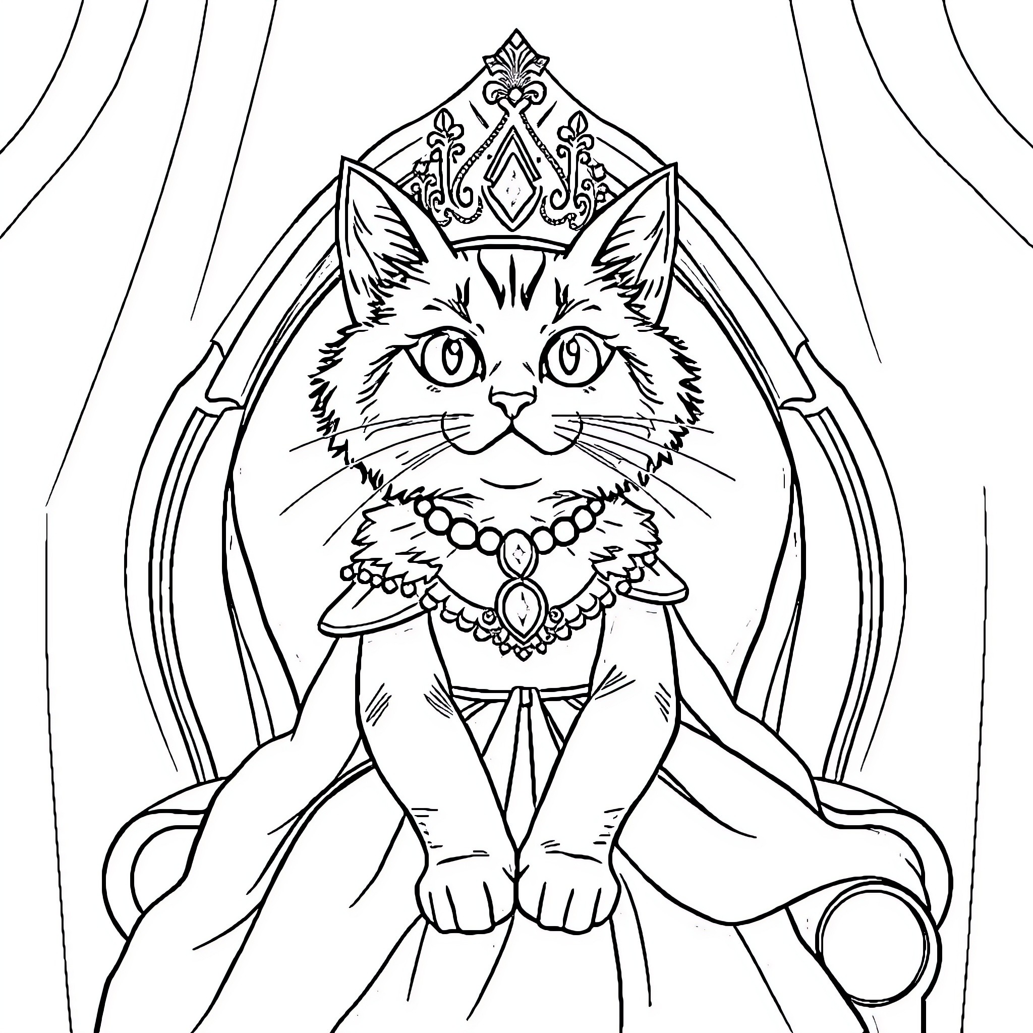 Cat Regal in Elegant Crown and Robes Coloring Page (free black-and-white line drawing printable PDF for all, from beginners to advanced learners, including children, teens, adults, and seniors)