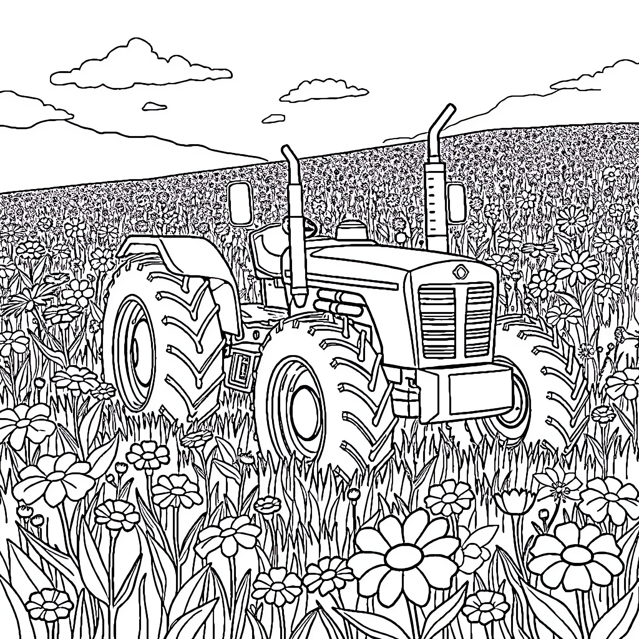 Tractor plowing through a flower-filled field Coloring Page (free black-and-white line drawing printable PDF for all, from beginners to advanced learners, including children, teens, adults, and seniors)