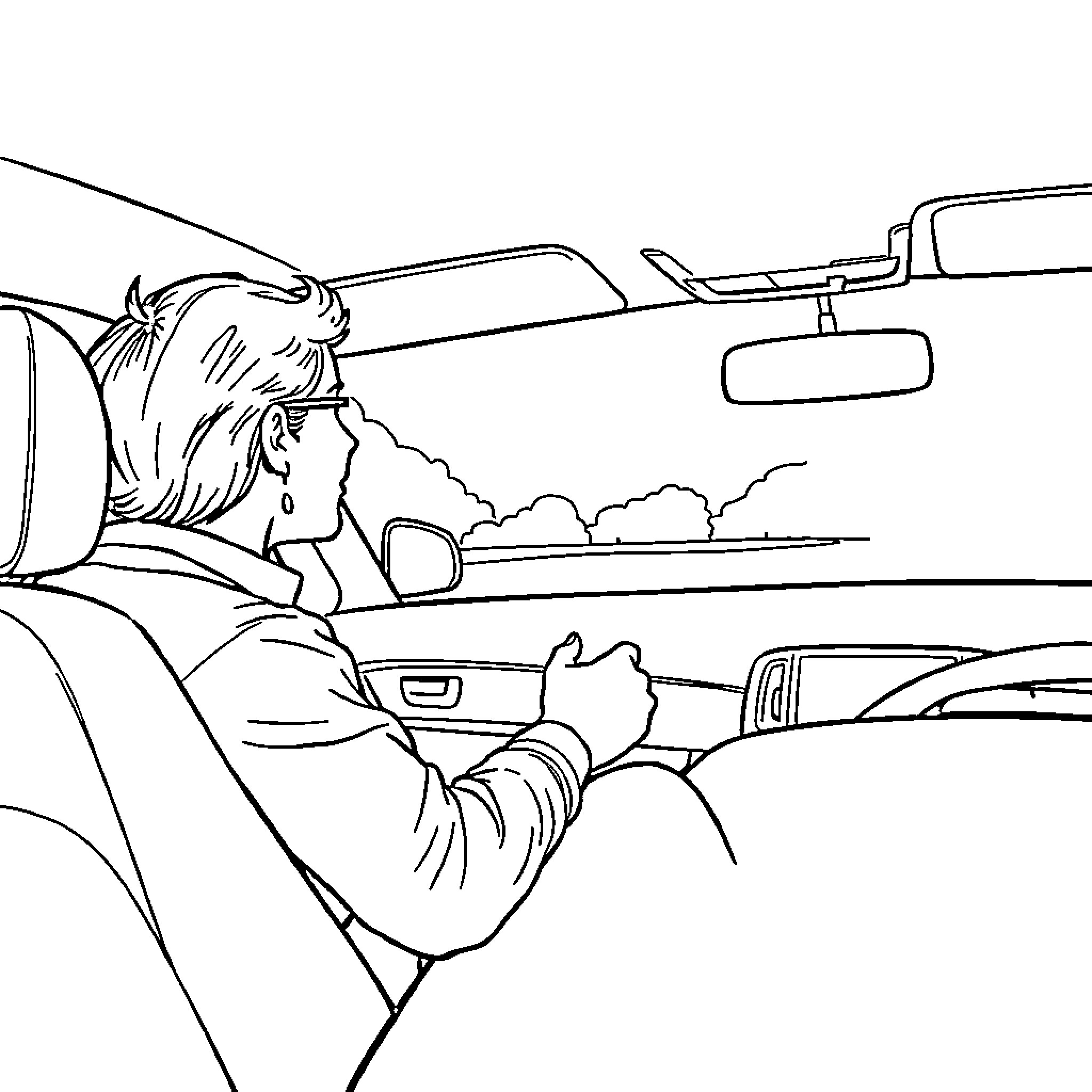 Person driving a vehicle on the road Coloring Page (free black-and-white line drawing printable PDF for all, from beginners to advanced learners, including children, teens, adults, and seniors)