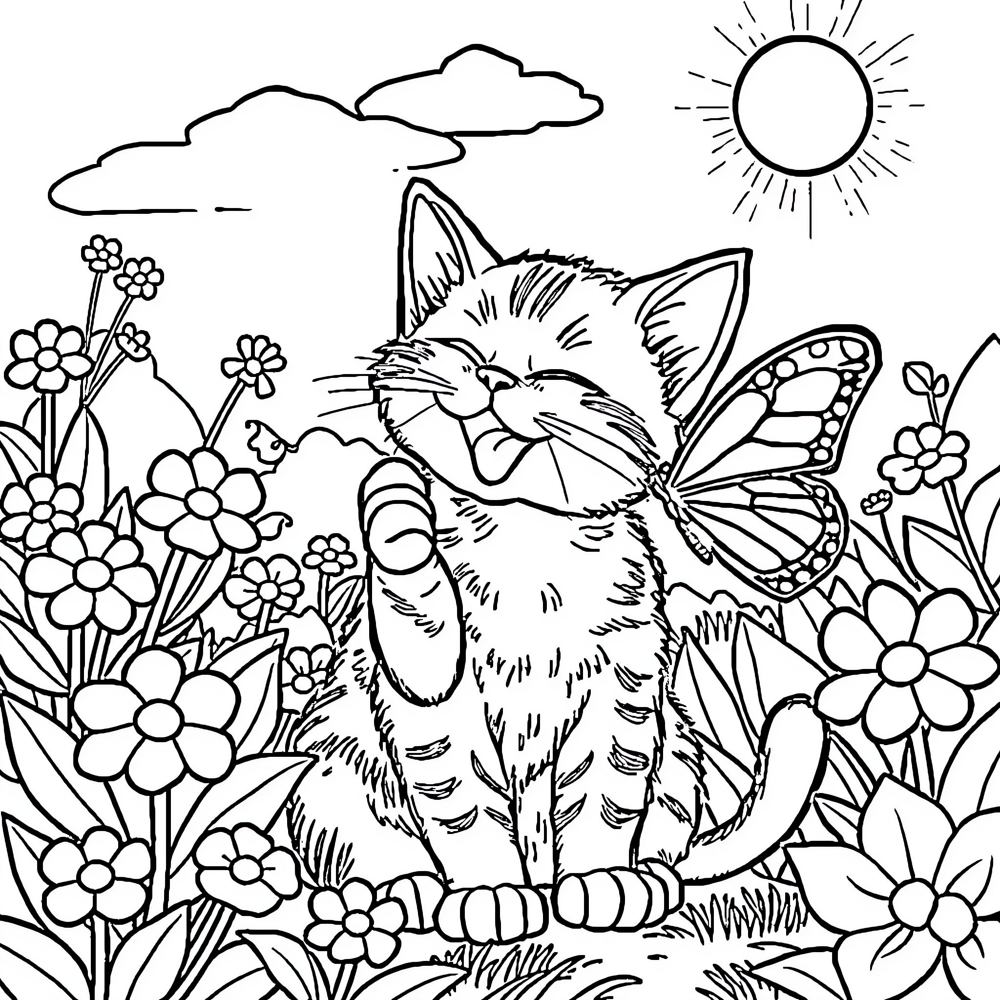 Cat enjoying a day among the flowers Coloring Page (free black-and-white line drawing printable PDF for all, from beginners to advanced learners, including children, teens, adults, and seniors)