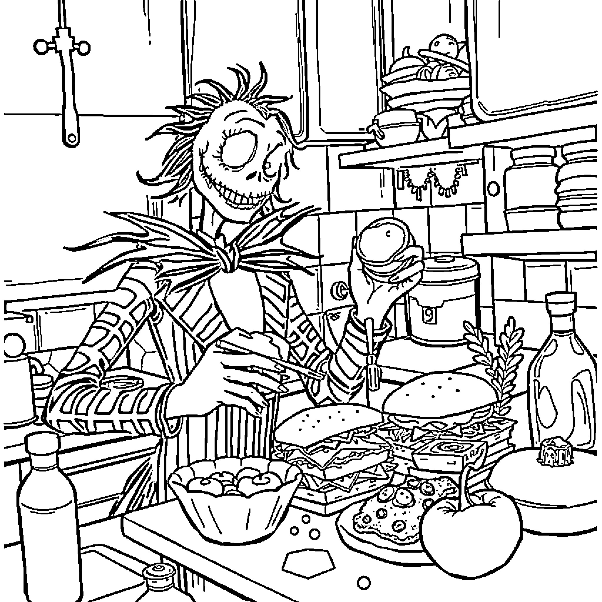 Beetlejuice's Bizarre Kitchen Adventure Coloring Page (free black-and-white line drawing printable PDF for all, from beginners to advanced learners, including children, teens, adults, and seniors)