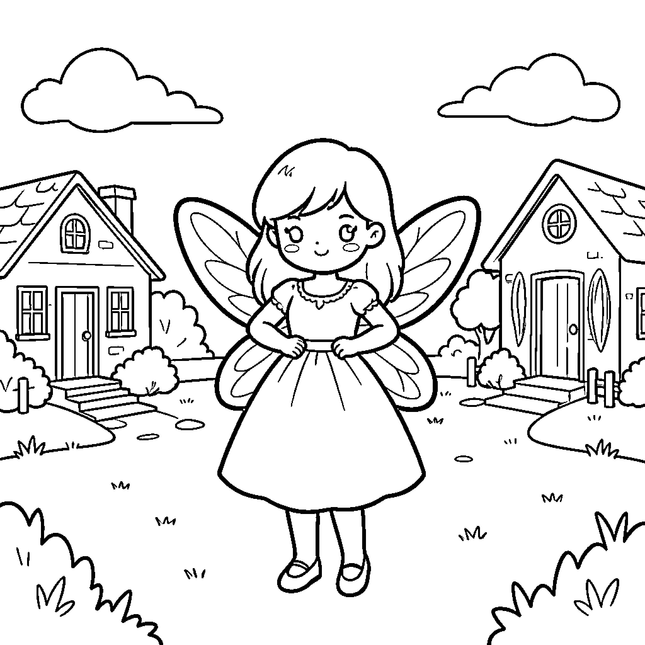 Fairy girl exploring a magical village Coloring Page (free black-and-white line drawing printable PDF for all, from beginners to advanced learners, including children, teens, adults, and seniors)