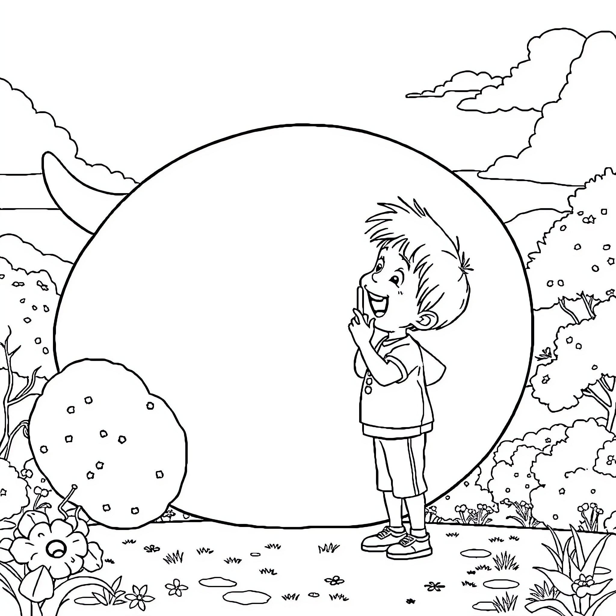 Garçon exploring the wonders of nature Coloring Page (free black-and-white line drawing printable PDF for all, from beginners to advanced learners, including children, teens, adults, and seniors)